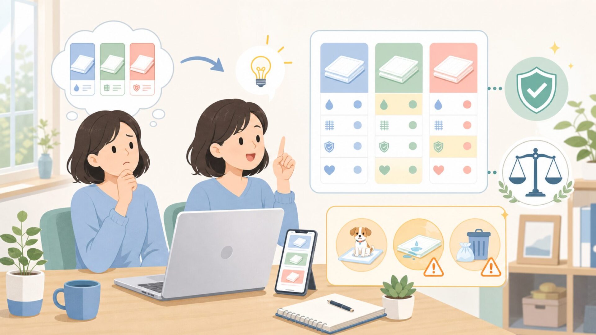 類似ブランドとの違いとペットシーツ選びの注意点を表すイラスト