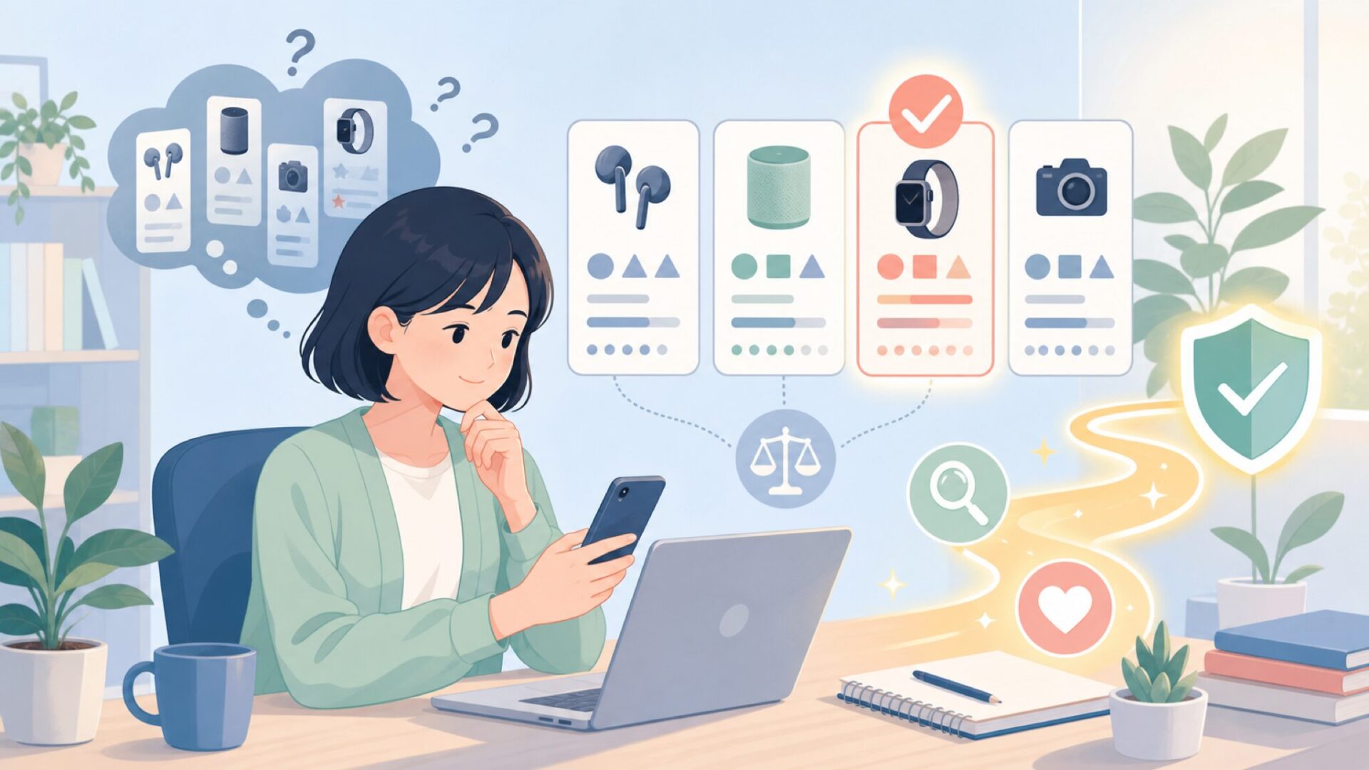 ランキング・比較サイトの活用法｜自分に合う一本を見つけるコツを表すイラスト