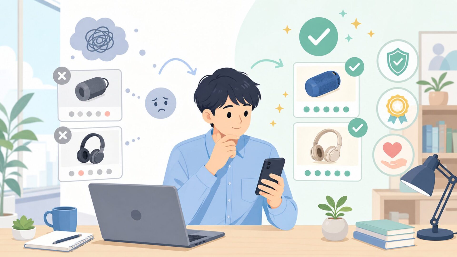 信頼性の低い製品を避けて適正価格を見極めるを表すイラスト