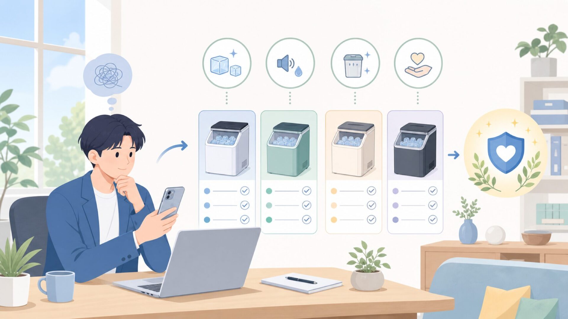 後悔しない製氷機選びの4つの基準を表すイラスト