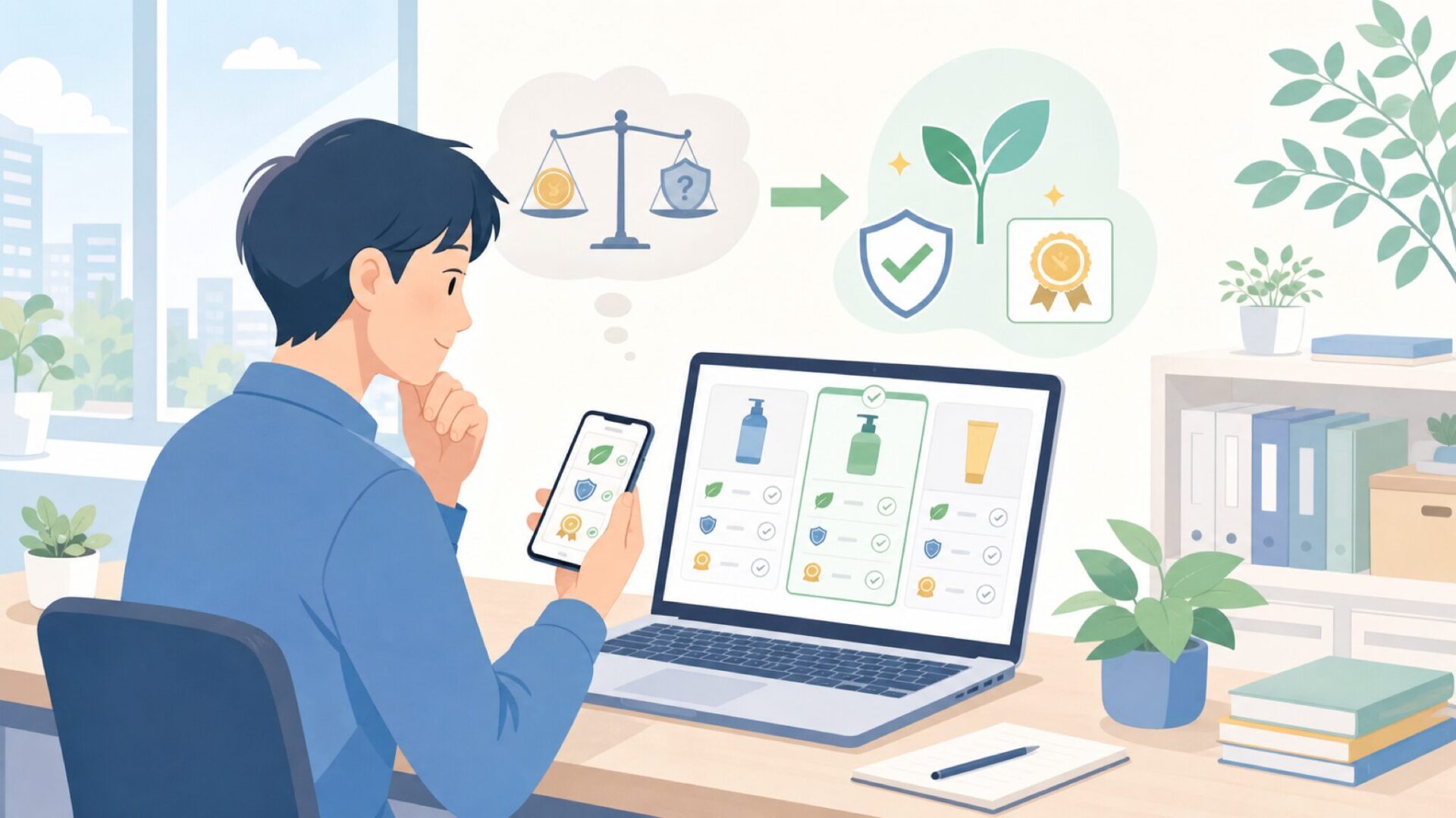 サステナビリティと認証情報から見る企業姿勢を表すイラスト