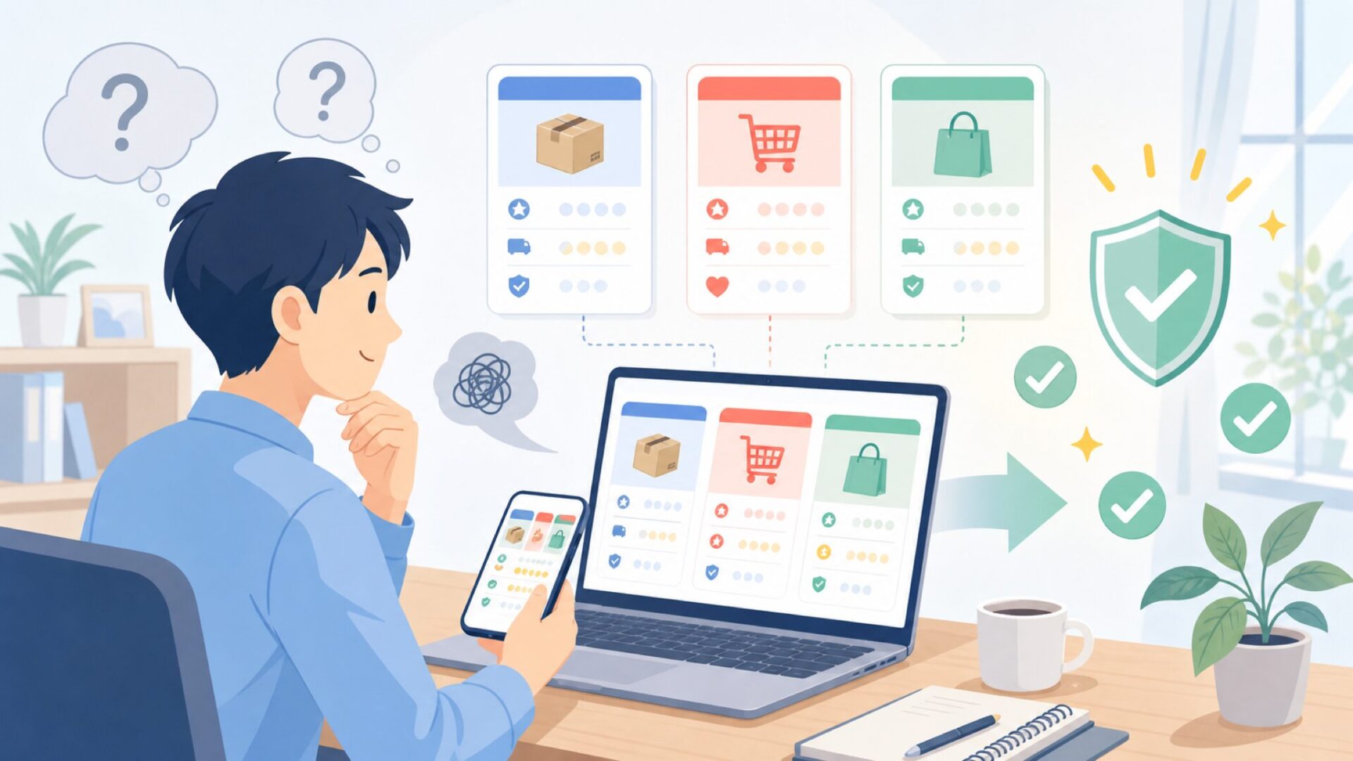 VMANはどこで買うのがいい?Amazon・楽天・公式系サイトの比較を表すイラスト