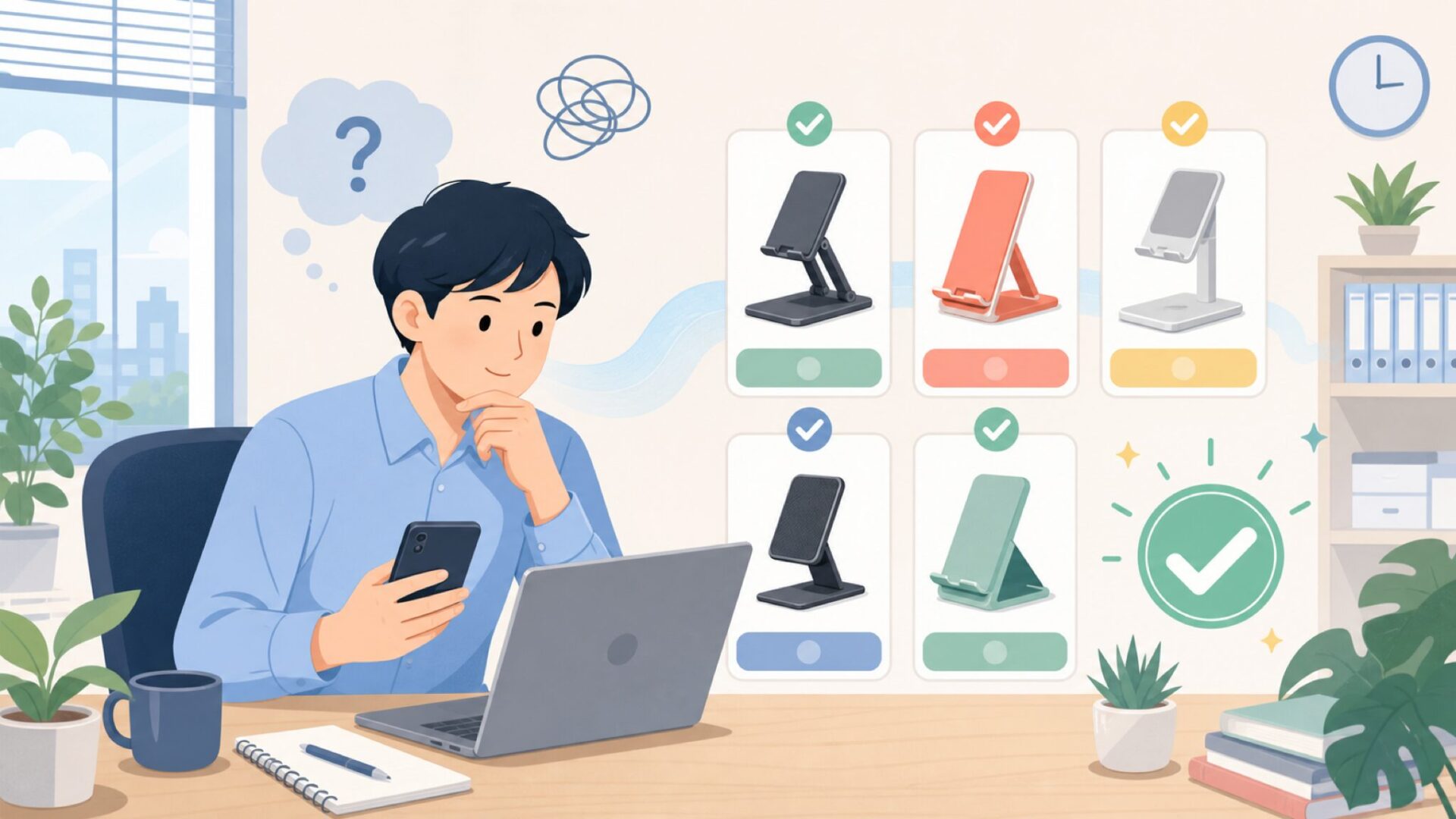 Lomicall以外にも比較したいスマホスタンドブランド5選を表すイラスト