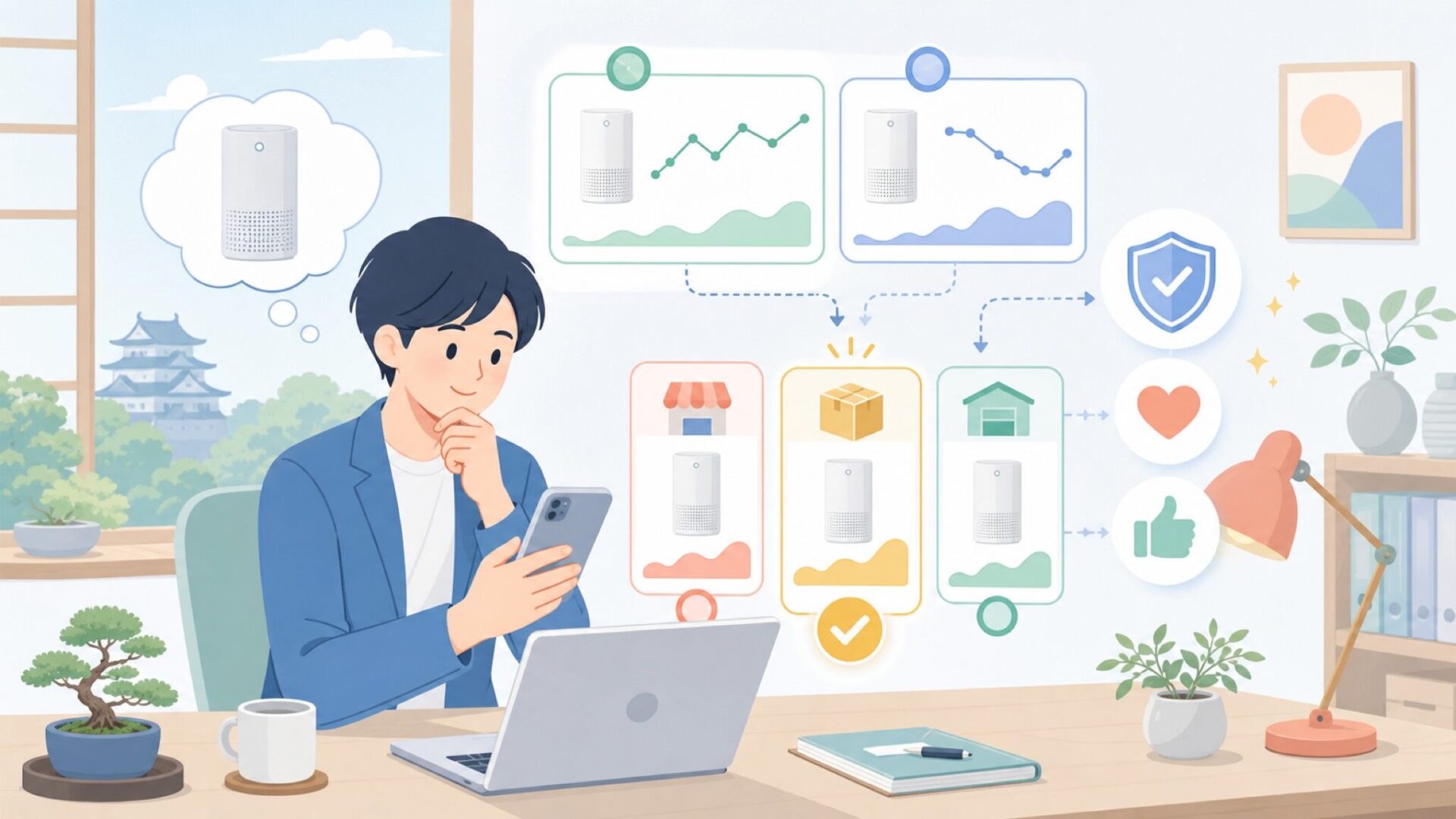 価格推移から見る買い時と購入先の選び方を表すイラスト