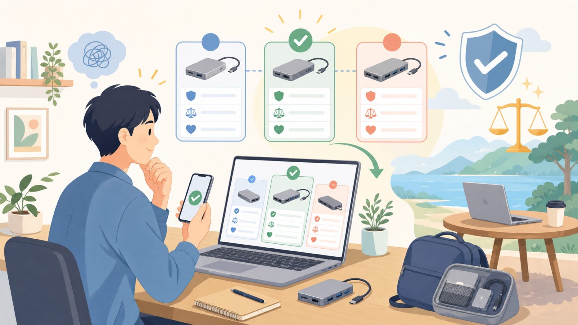 自分の用途に合うか最終チェック(在宅勤務・外出先での使い方)を表すイラスト