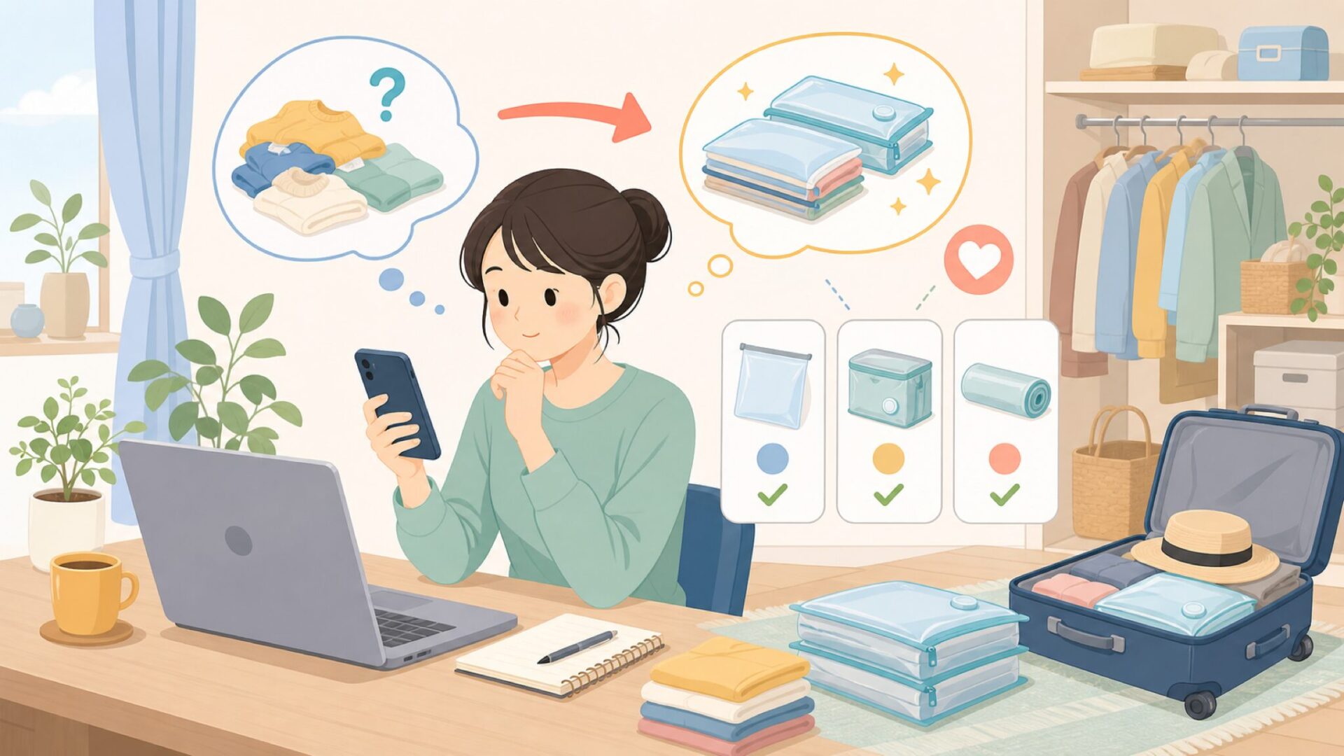 旅行・衣替えでHibagの圧縮袋を使うときのコツを表すイラスト