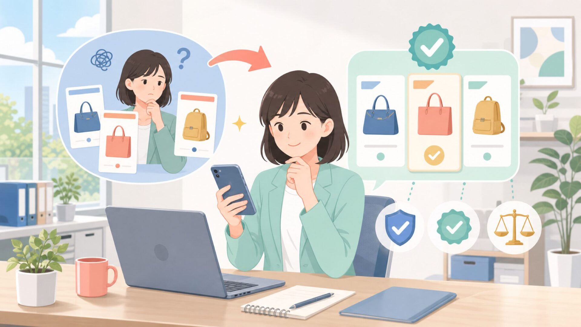 購入前に最終チェックしておきたいポイントを表すイラスト