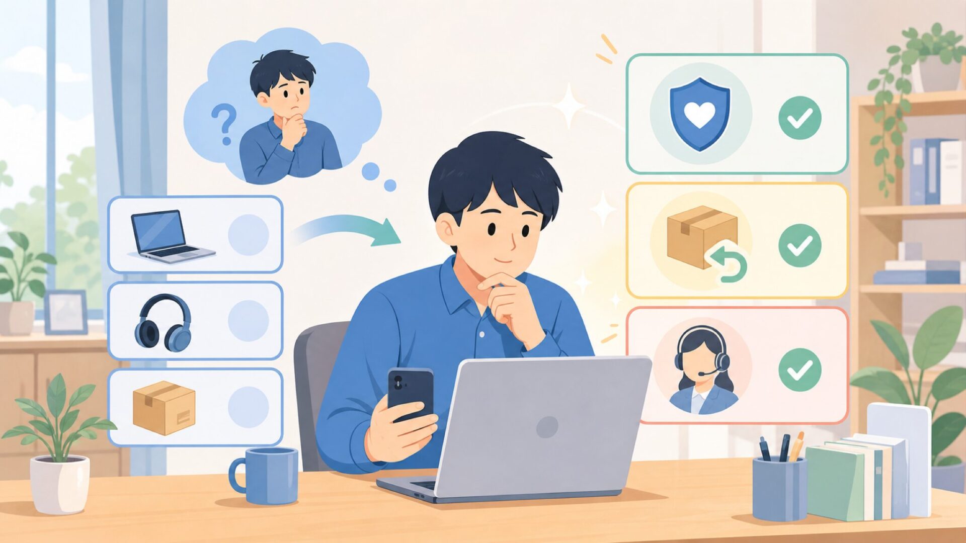 保証・返品・日本語サポート——「何かあったとき」に困らないかを表すイラスト