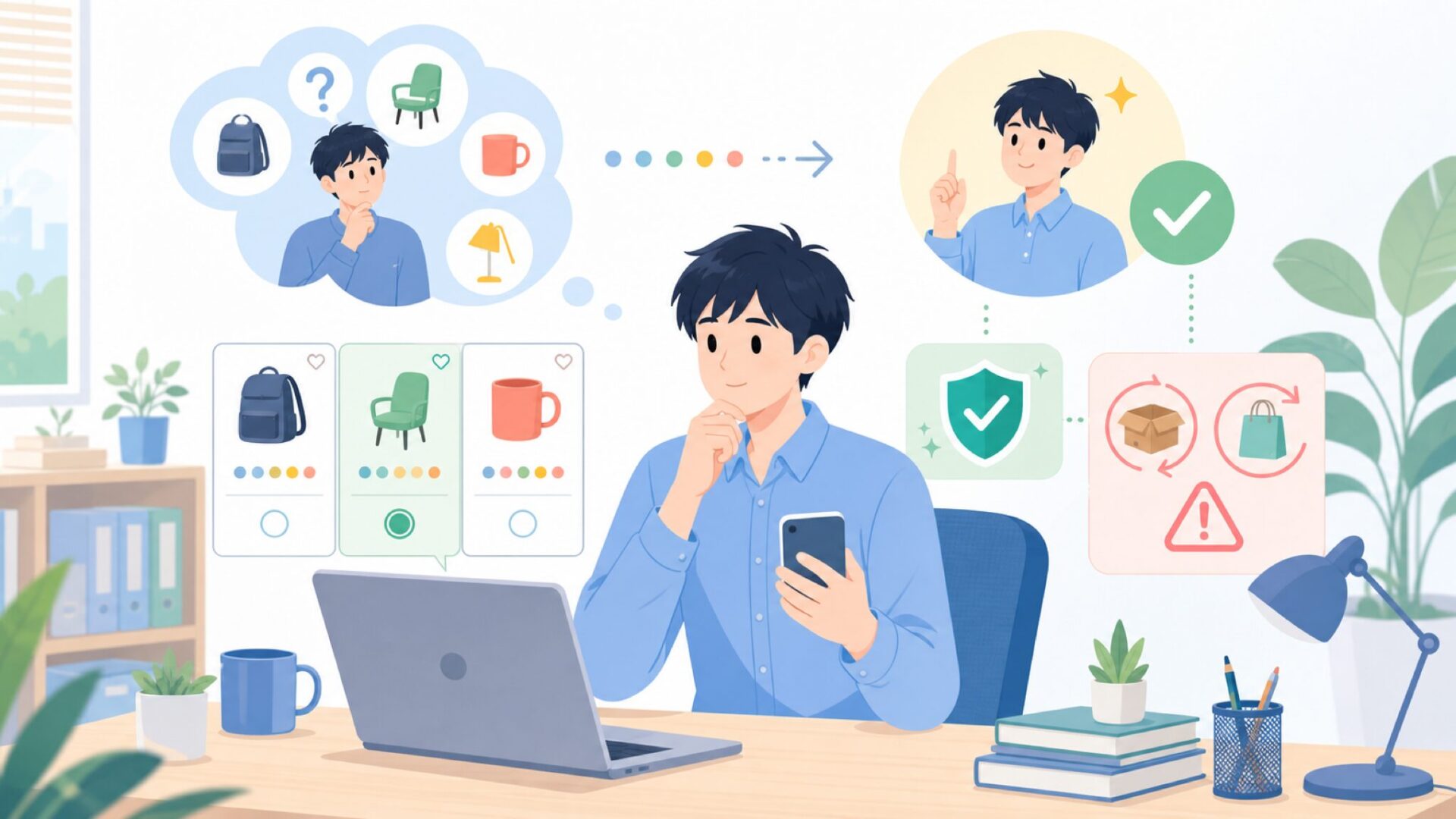 後悔しない選び方と購入後の注意点を表すイラスト