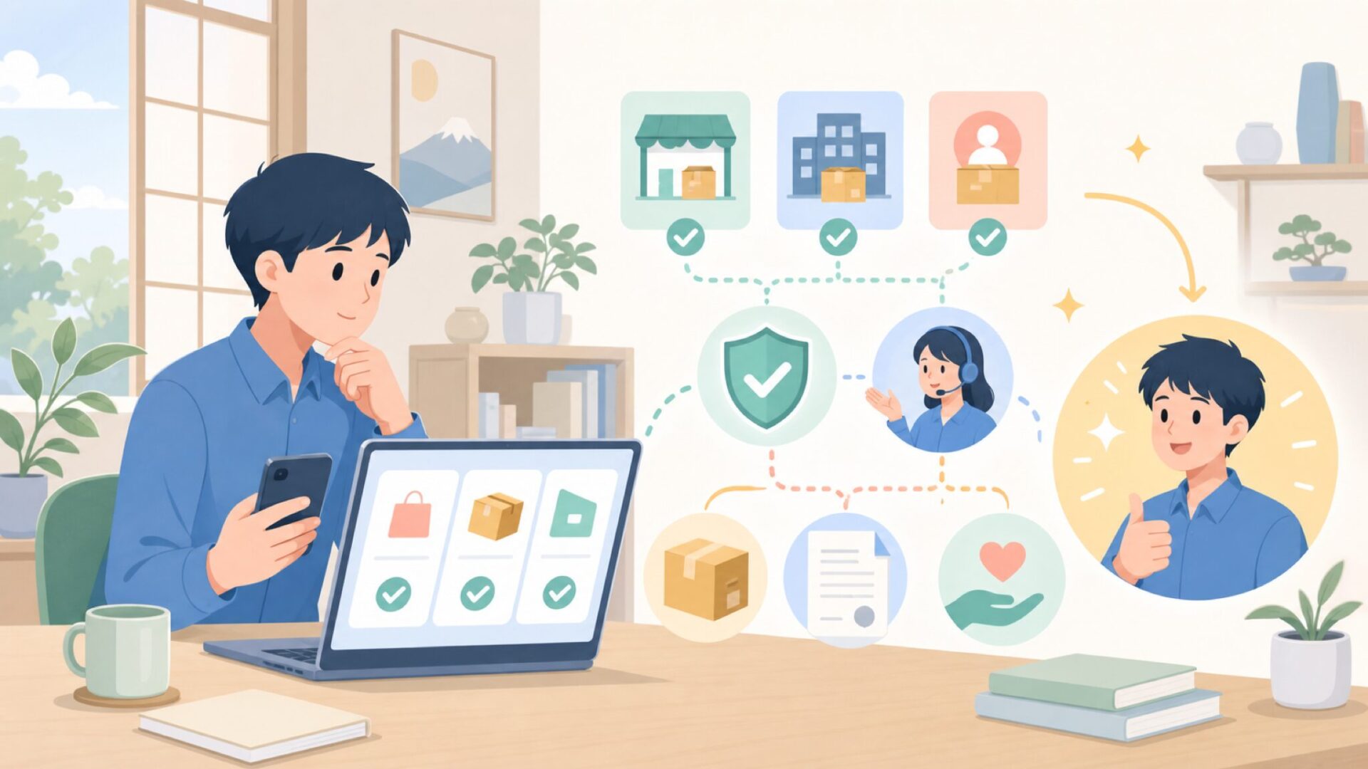 日本での販売元・購入先とサポートの受け方を表すイラスト