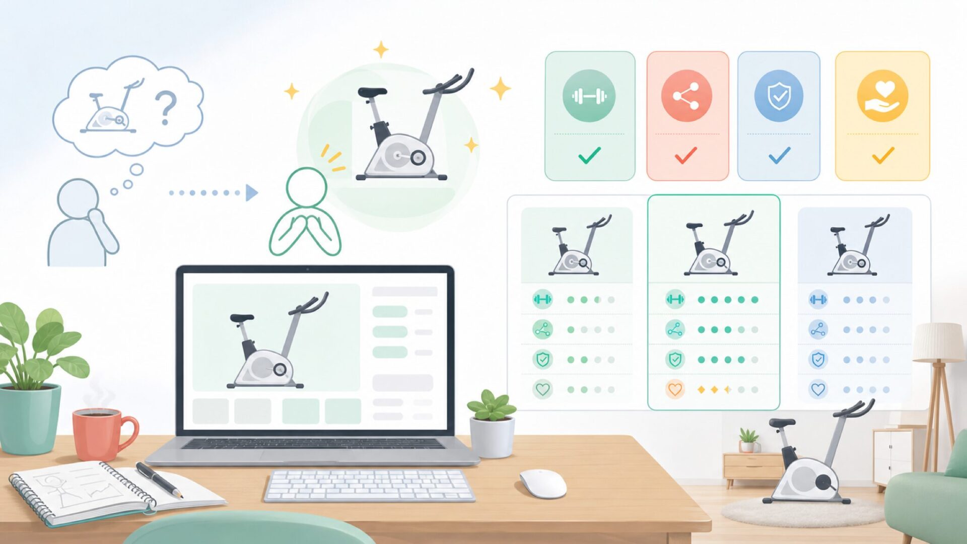 STEADYフィットネスバイクNeoの特徴と評価される理由を表すイラスト