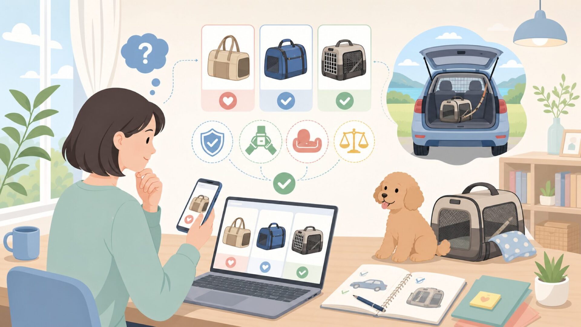 犬用キャリア・ドライブグッズを選ぶときの注意点を表すイラスト