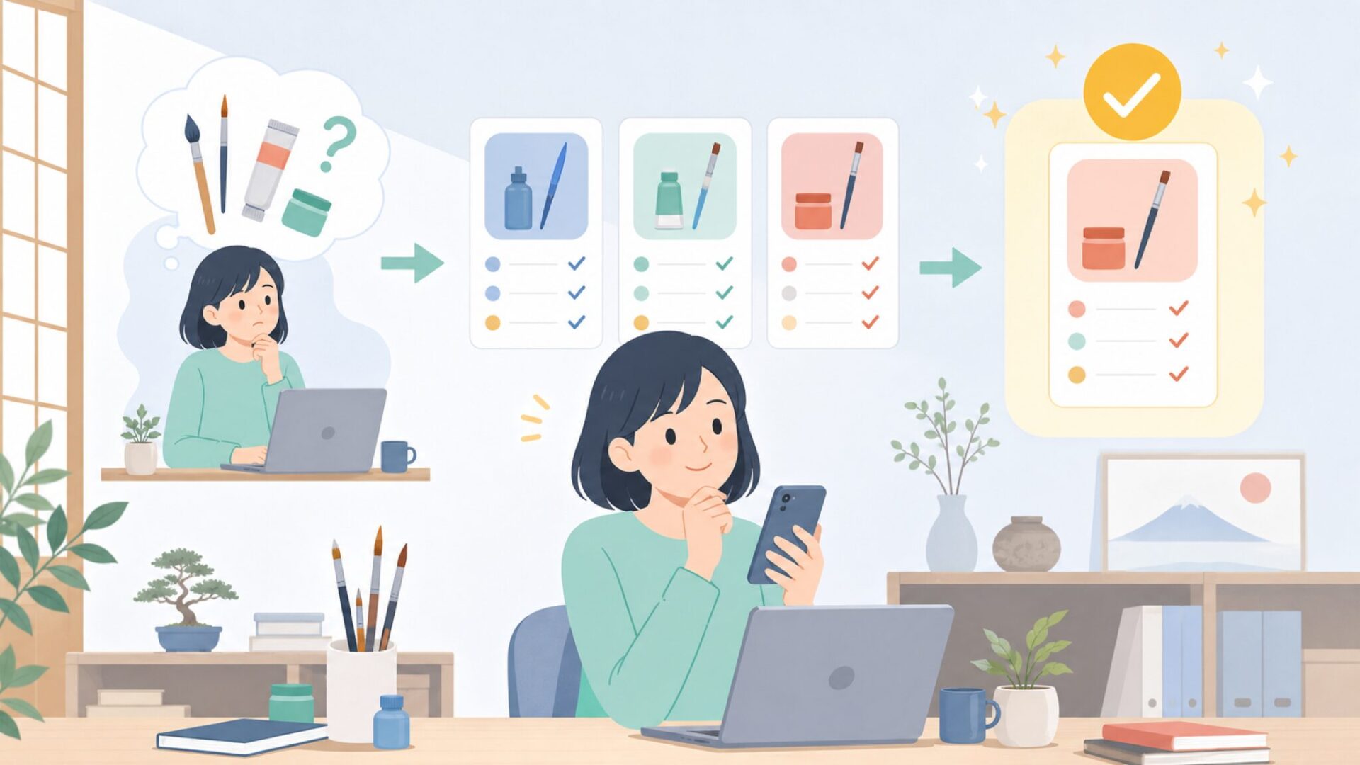 他の画材ブランドと比較して選ぶポイントを表すイラスト