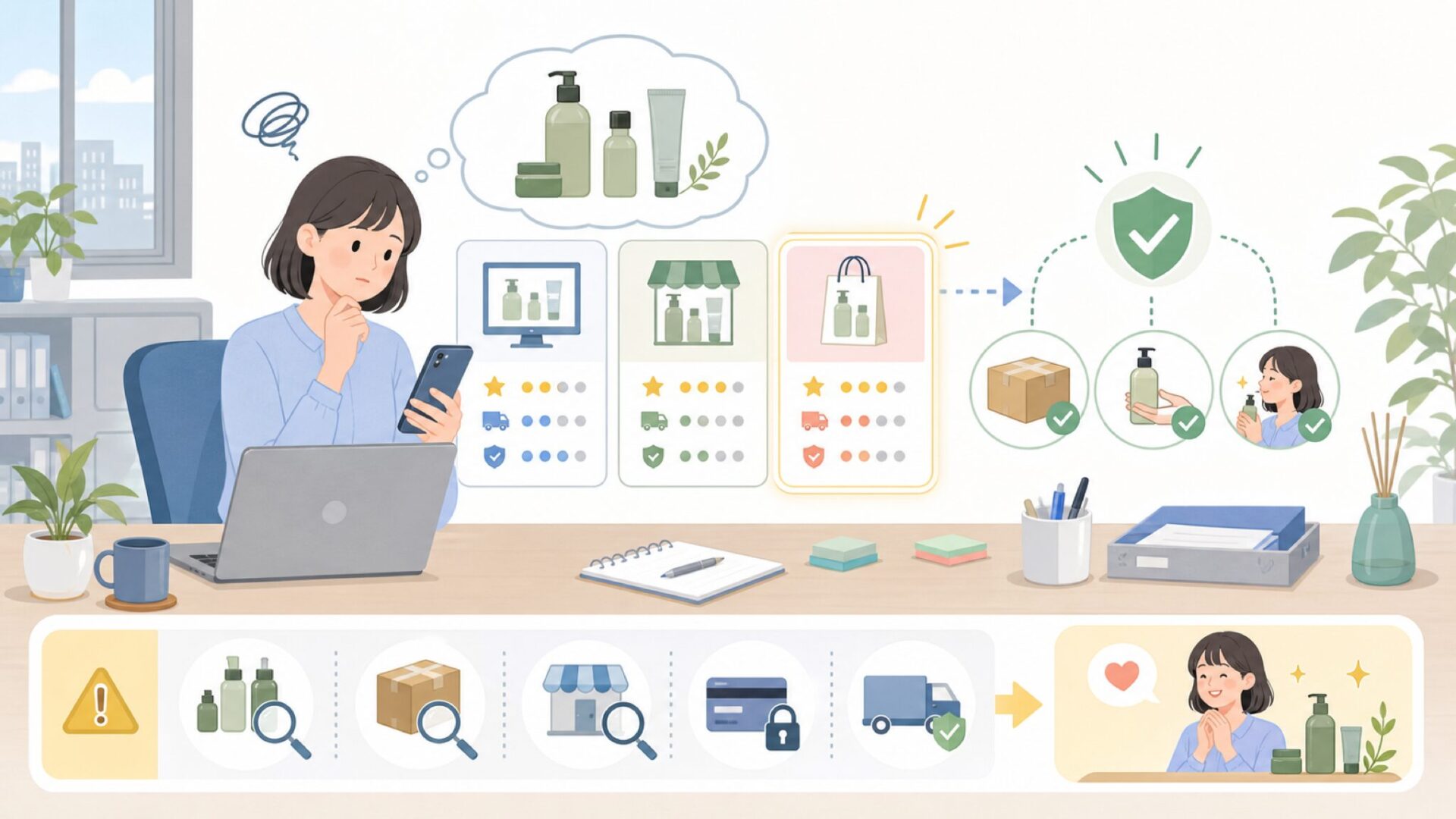 Aromaticaはどこで買える？購入方法と注意点を表すイラスト