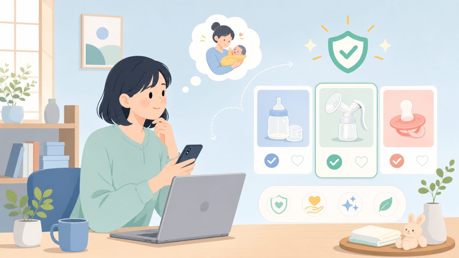 出産祝い・買い足しでMaymomを選ぶときの注意点を表すイラスト