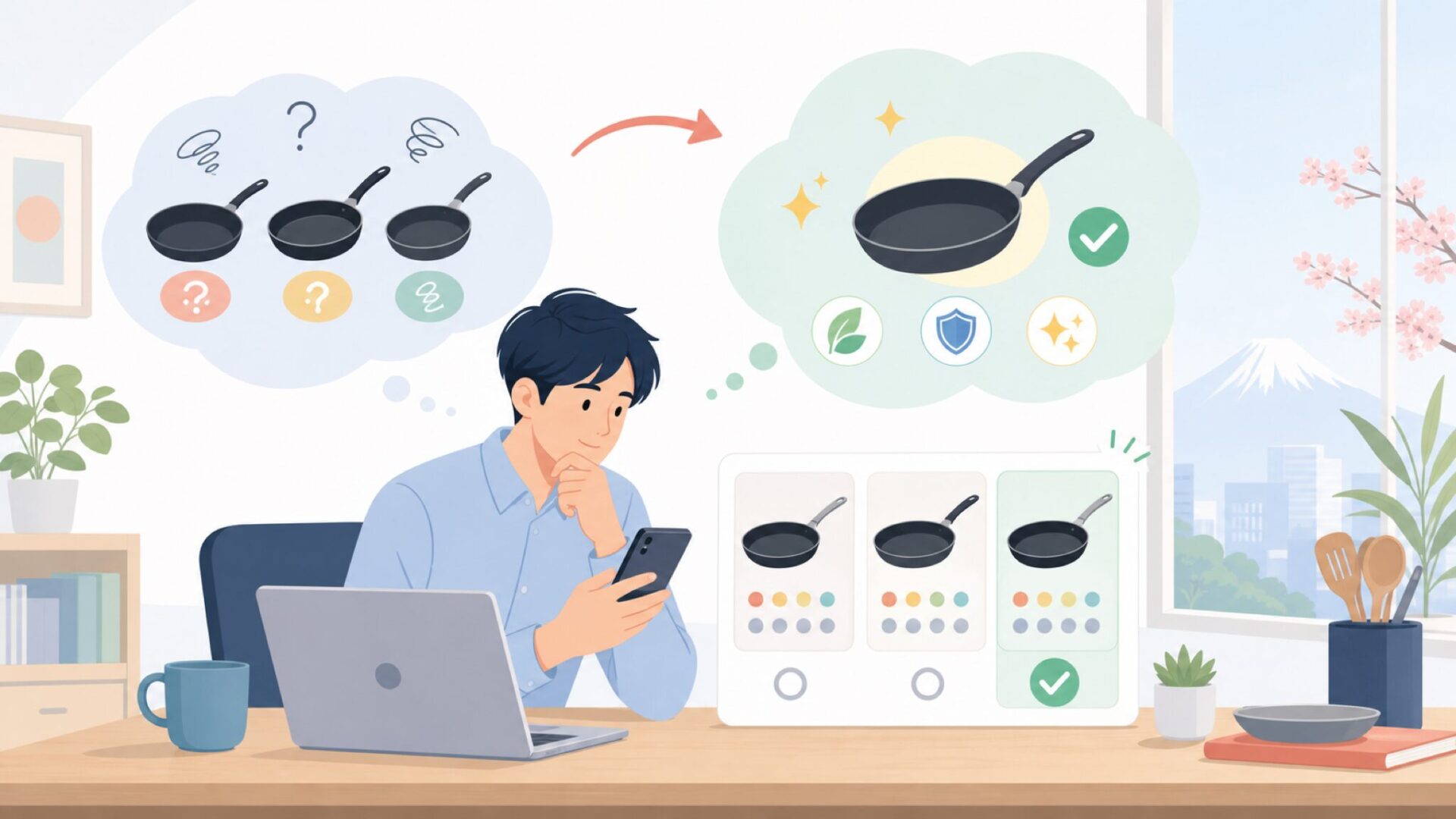 自分に合うScanpanフライパンを選ぶポイントを表すイラスト