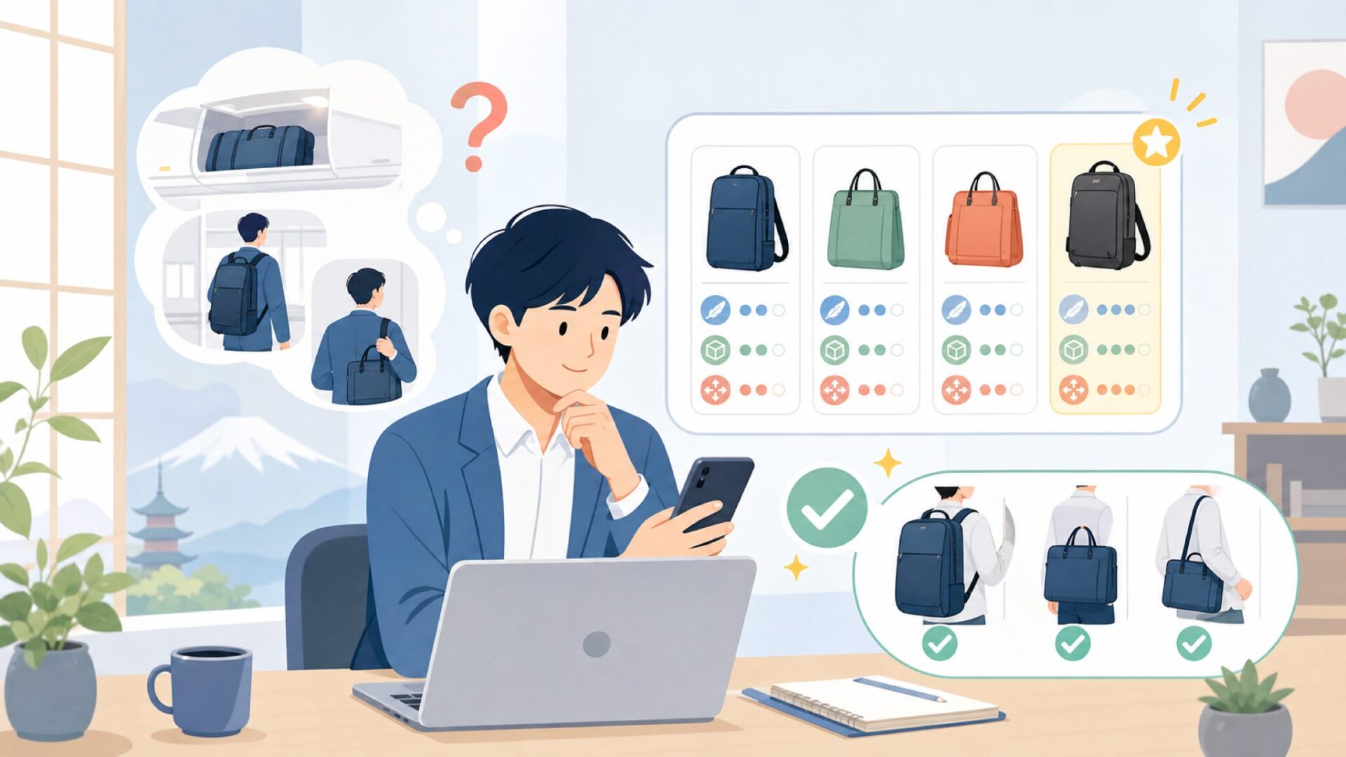 実用性で選ぶ 機内持ち込み・軽量・大容量・3wayを表すイラスト
