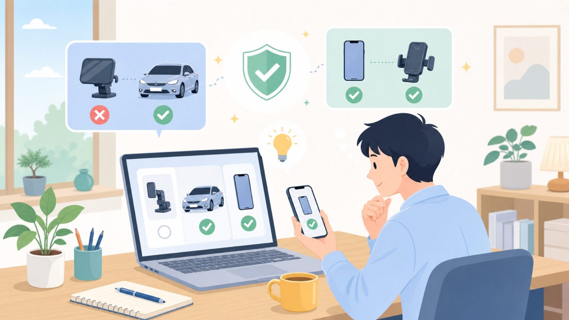 自分の車・スマホで使えるか確認するポイントを表すイラスト