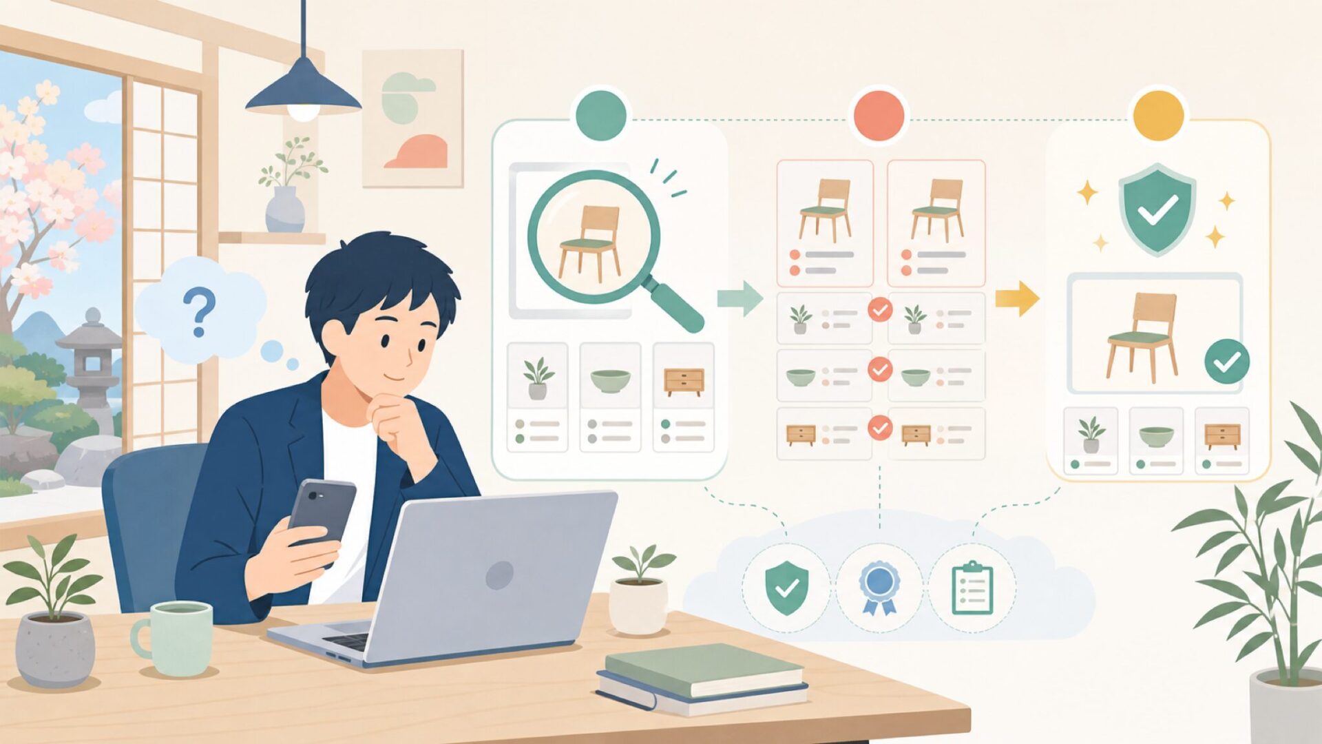 自分が見ている「WoodRiver」を3ステップで確認する方法を表すイラスト