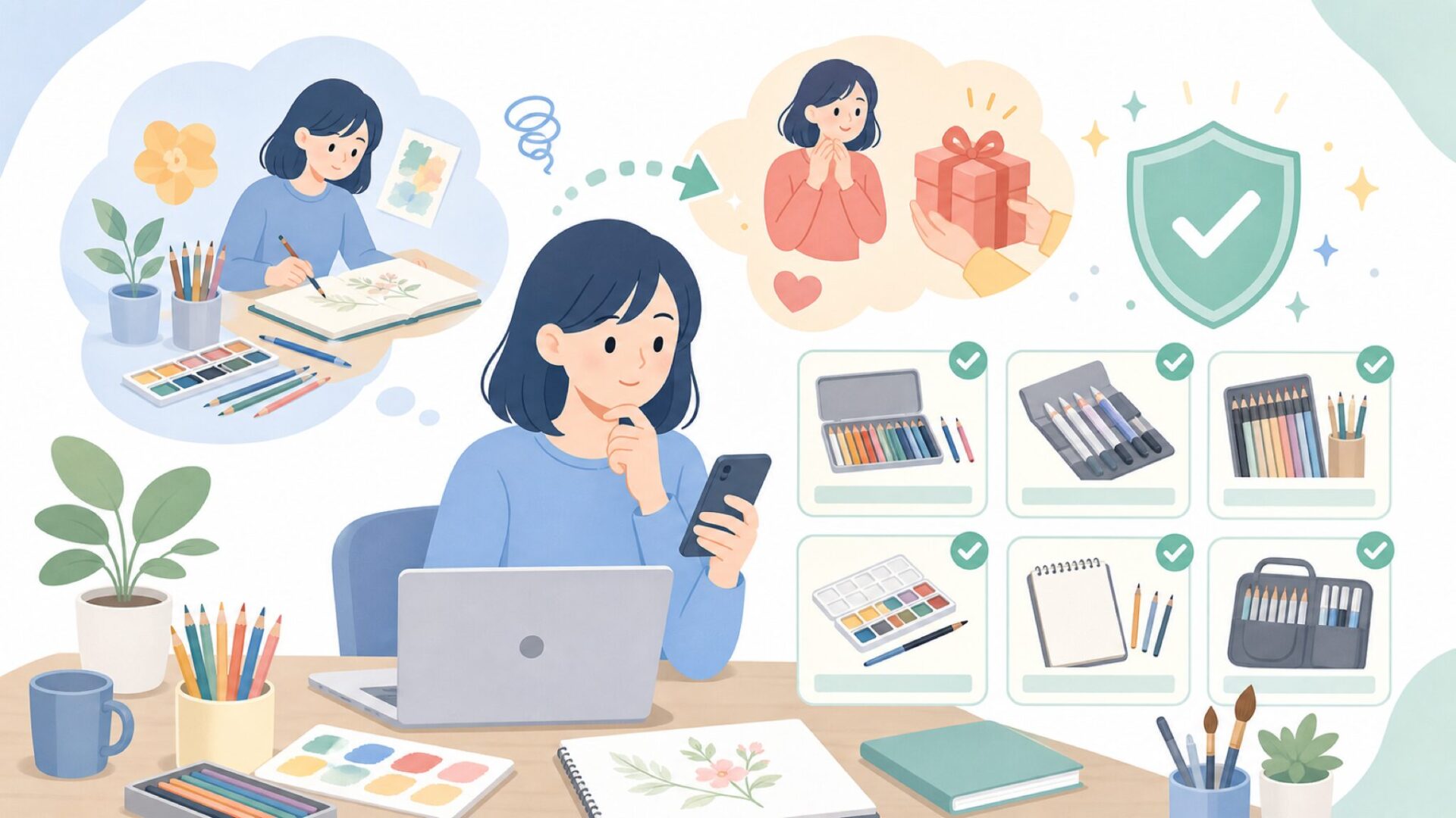 イラスト・プレゼント用途で選ぶときのポイントを表すイラスト