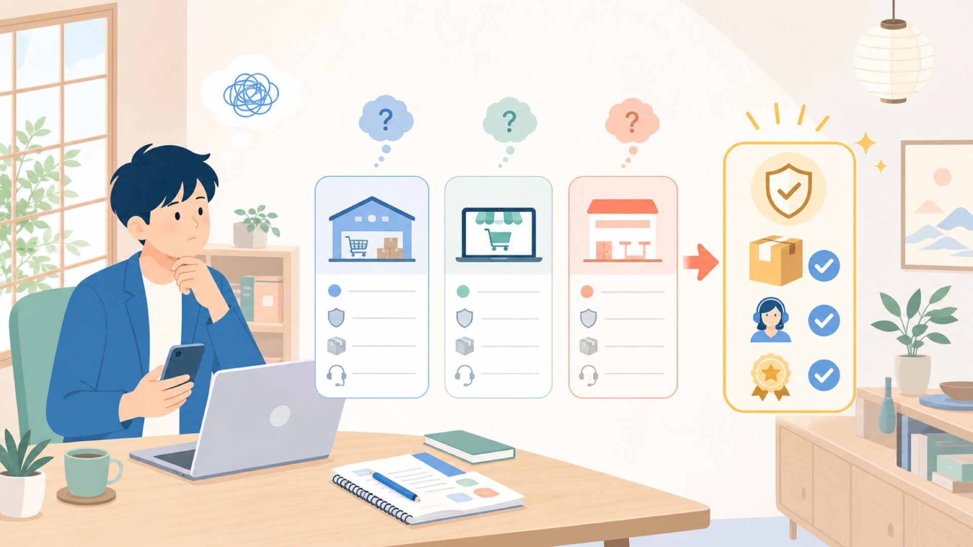 コストコ・楽天・公式サイト、どこで買うのが安心?を表すイラスト
