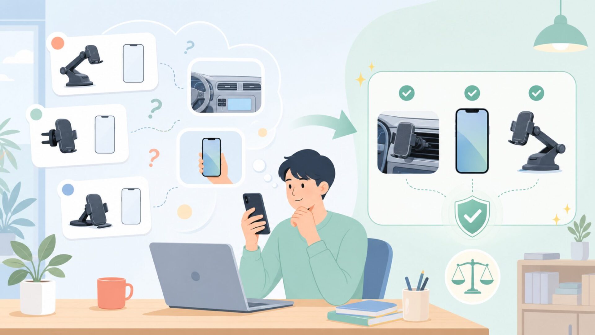 自分の車・スマホに合うiOttie製品の選び方を表すイラスト