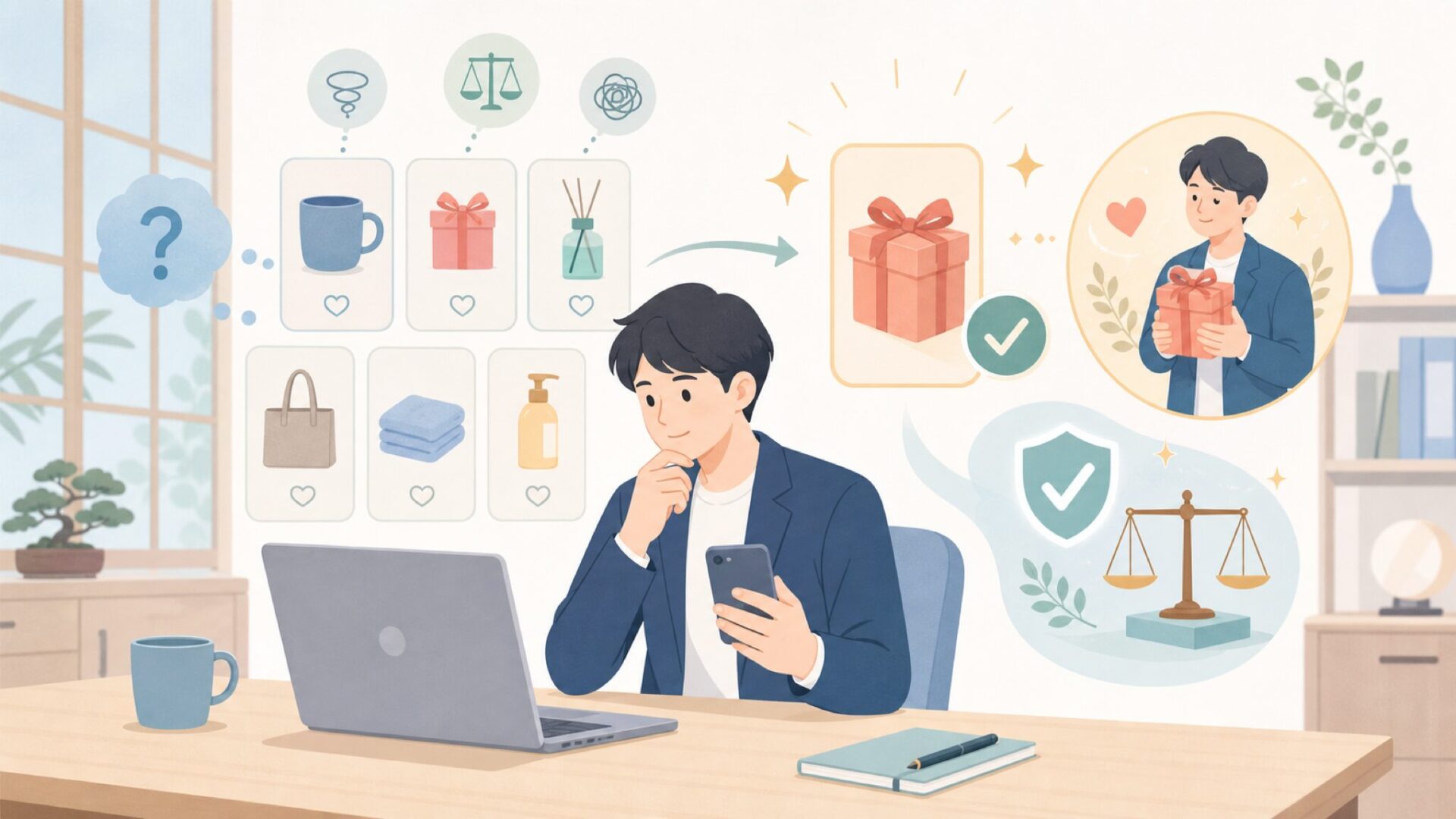 プレゼントとして選ぶ理由と贈り方の工夫を表すイラスト