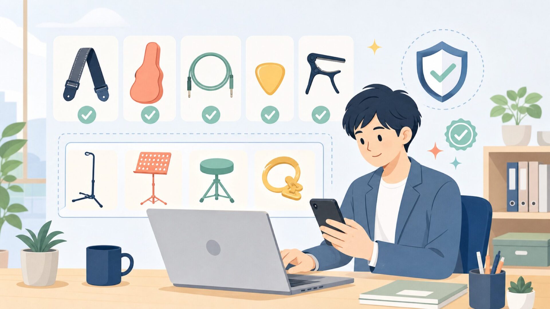 ギター以外にも対応するLevy'sの幅広いラインナップを表すイラスト