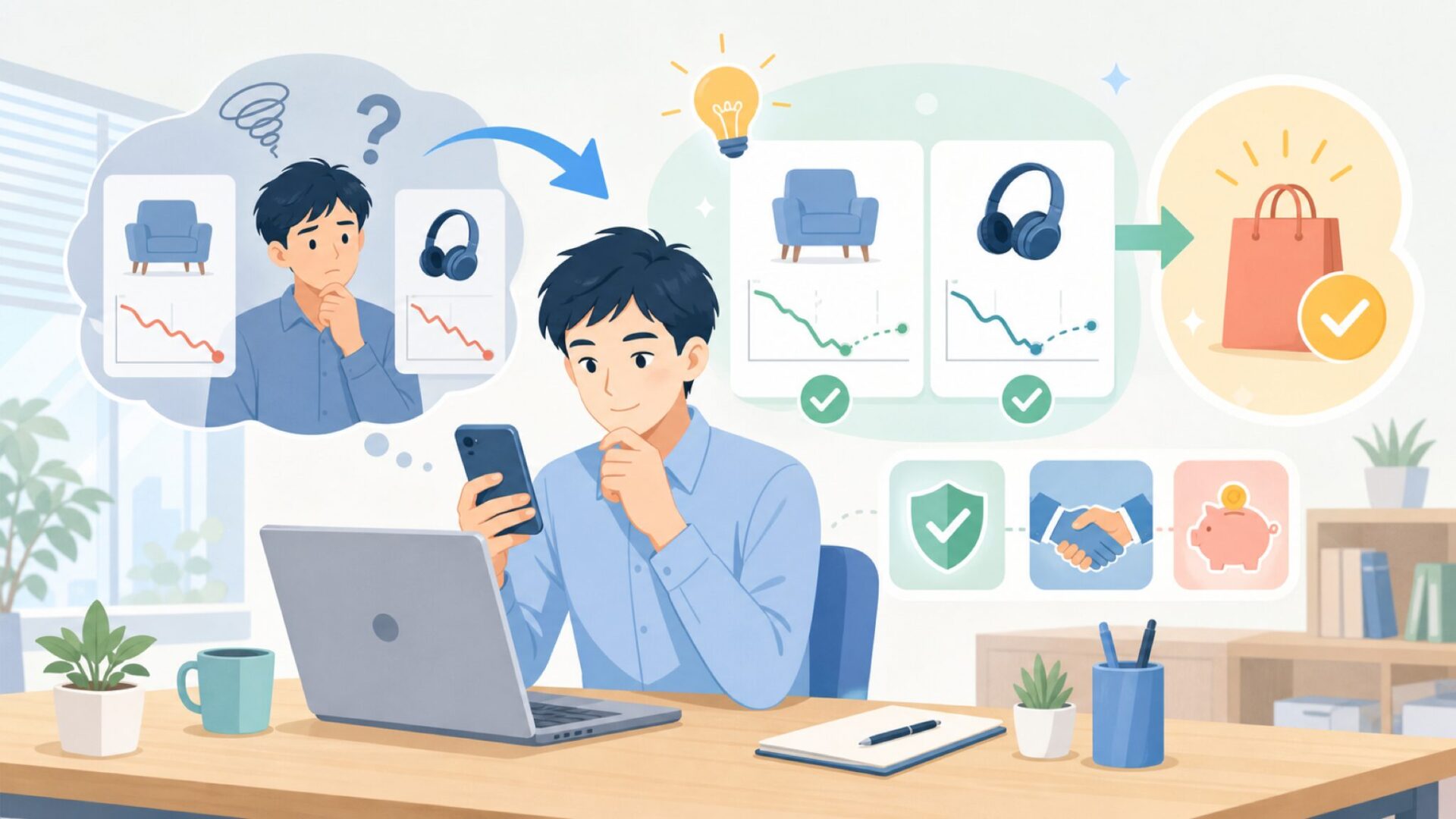価格推移とお得に購入するタイミングを表すイラスト