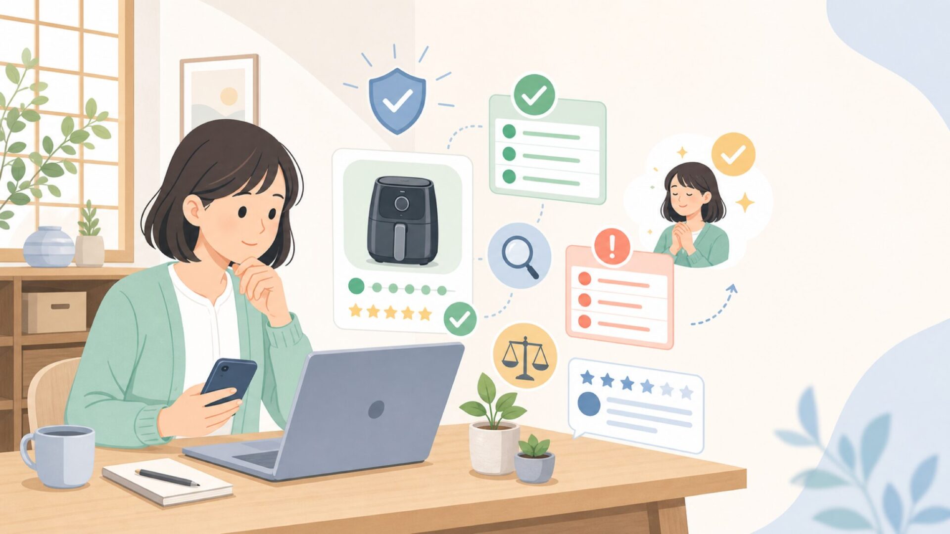 購入前に知っておきたい注意点と口コミの傾向を表すイラスト