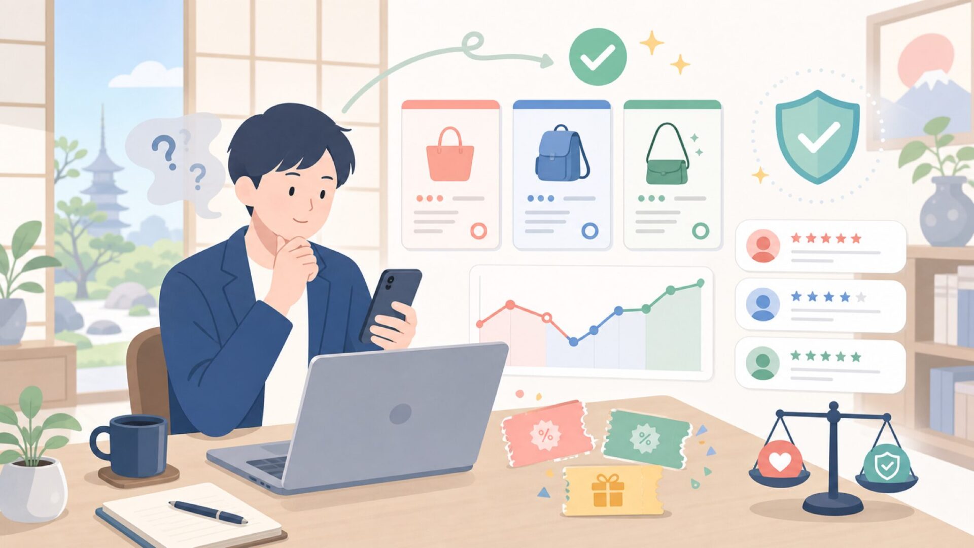 価格推移・クーポン・口コミから見る失敗しない買い方を表すイラスト