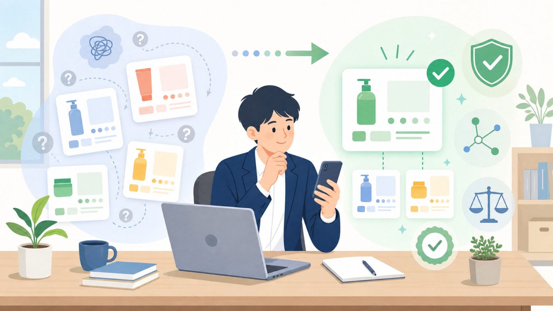 国内・海外の代替ブランドと比較して選ぶを表すイラスト
