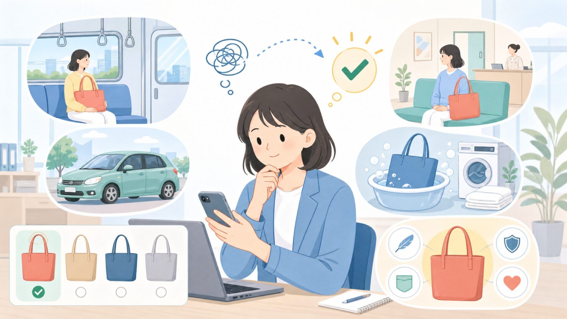通院・電車・車移動で選ばれる理由と洗いやすさ・デザインを表すイラスト