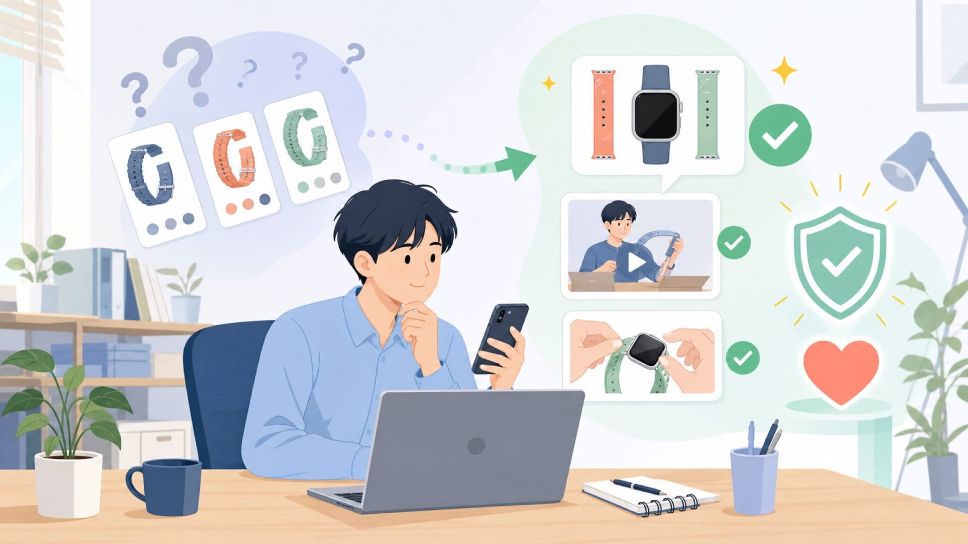 交換バンドと動画レビューで購入後の安心感を高めるを表すイラスト