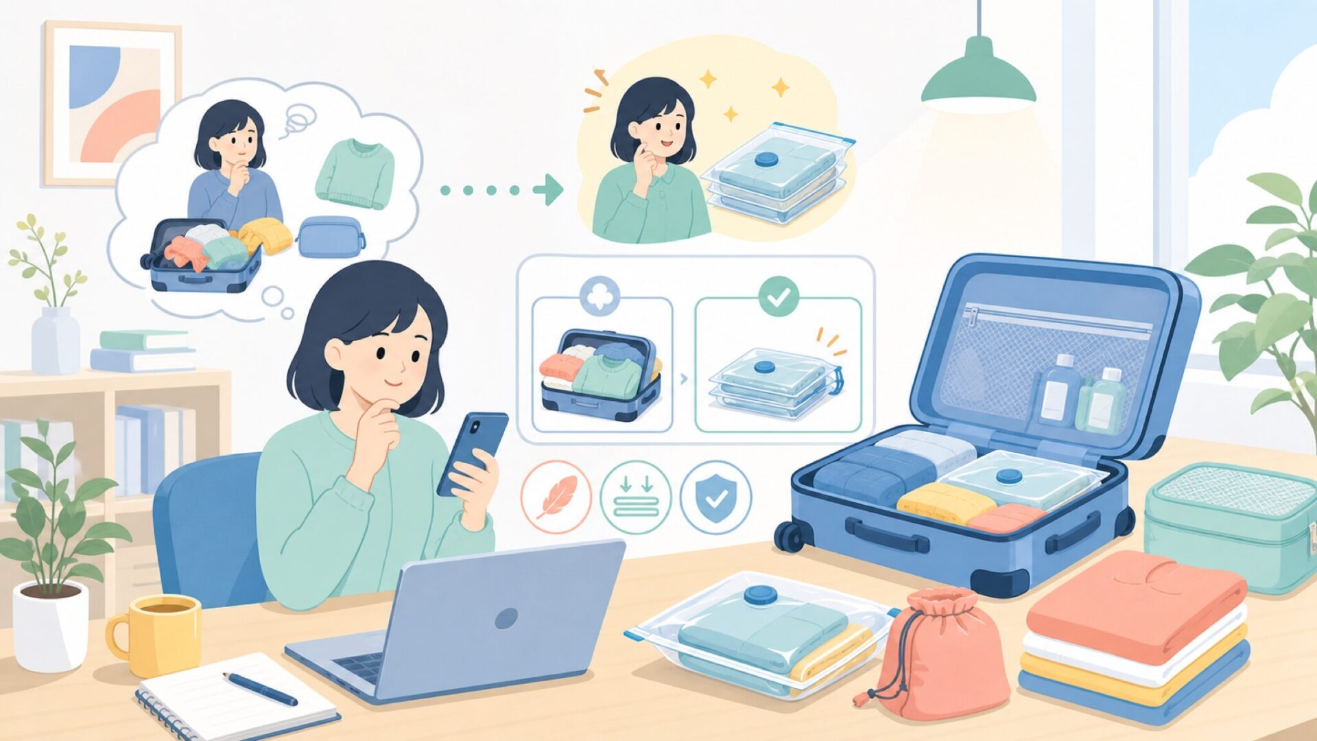 旅行前の荷造りにBAGAIL圧縮袋を活かす具体的な使い方を表すイラスト