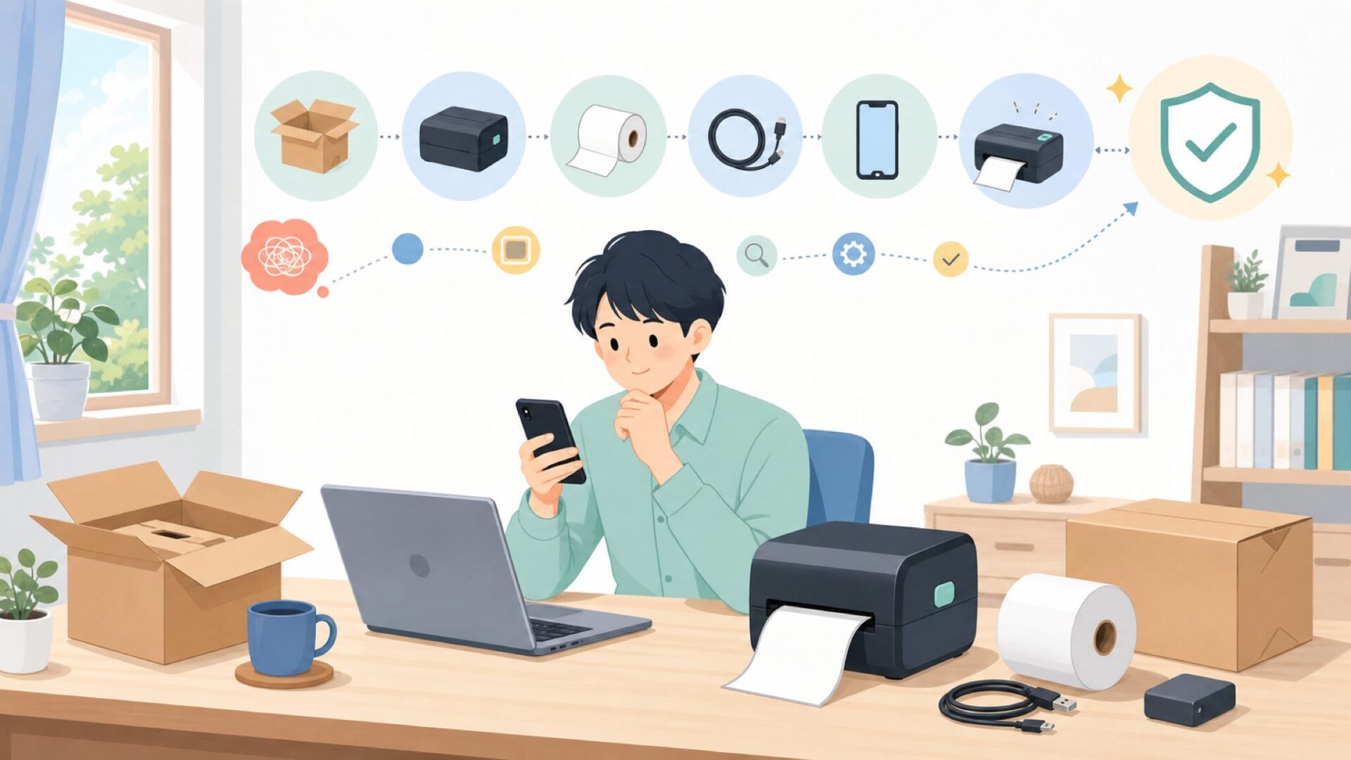 MUNBYNサーマルプリンターの使い方と初期設定の流れを表すイラスト