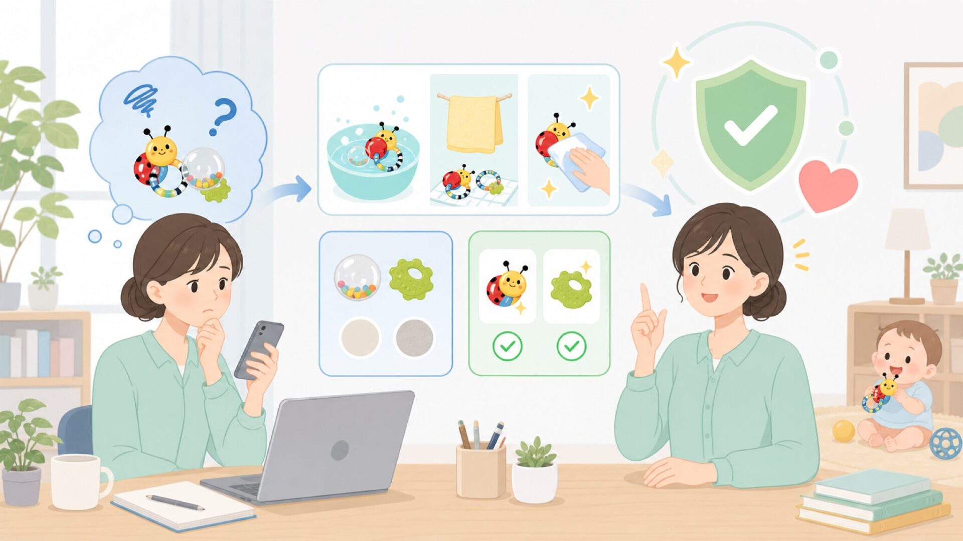 Sassyアイテムを長く安心して使うためのお手入れ方法を表すイラスト