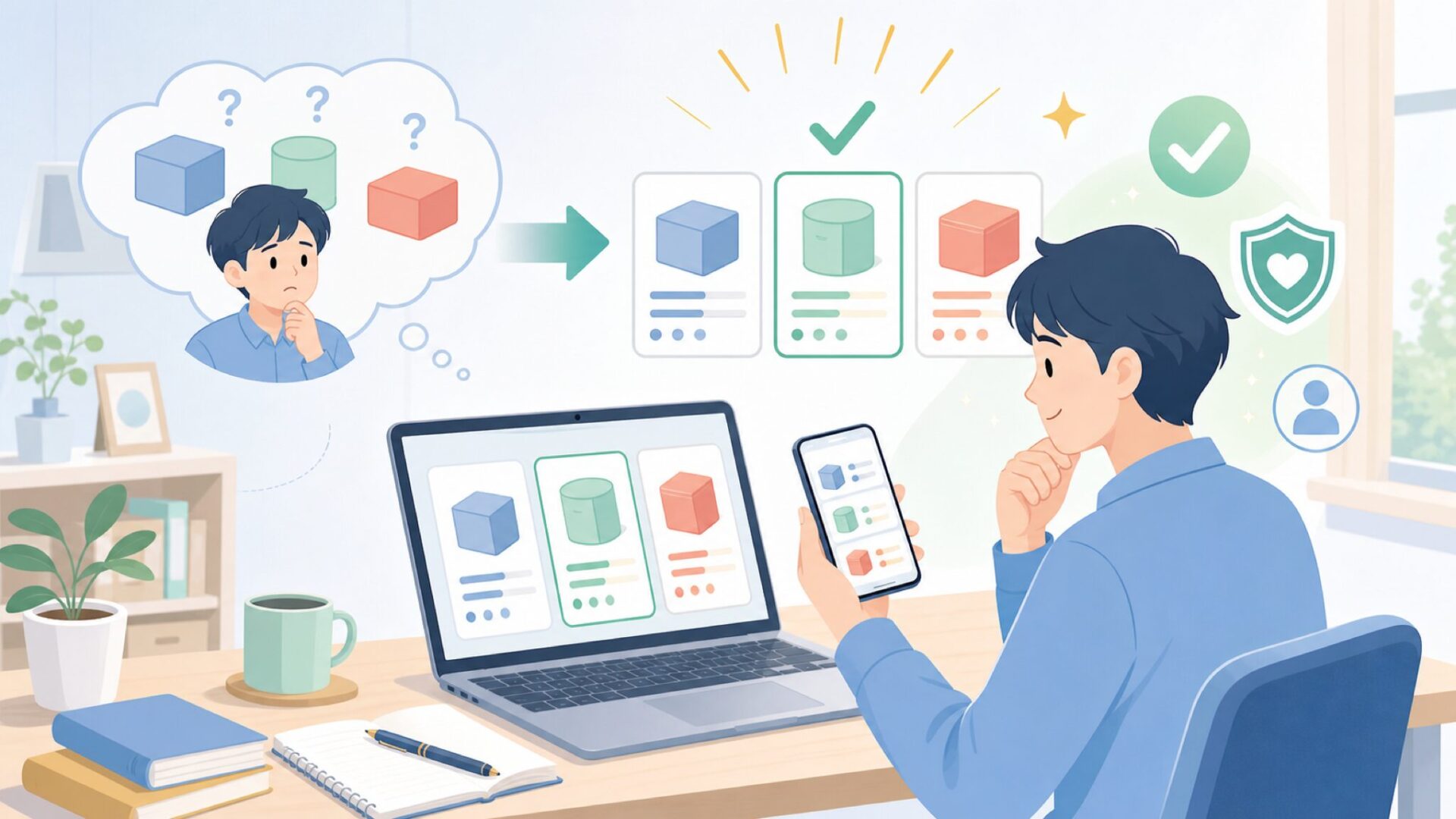価格重視派は中堅ブランドも比較候補に入れるを表すイラスト