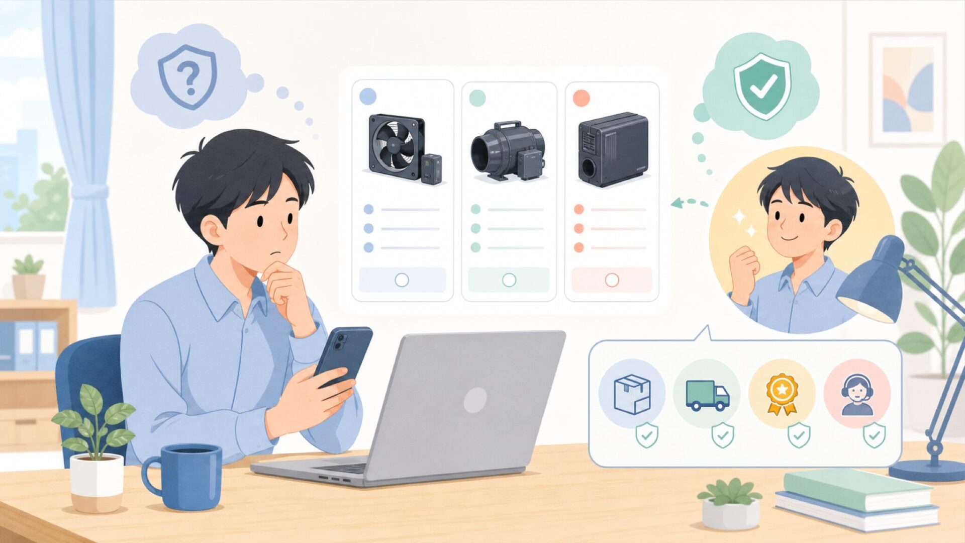 日本でAC Infinityを購入する際の注意点を表すイラスト