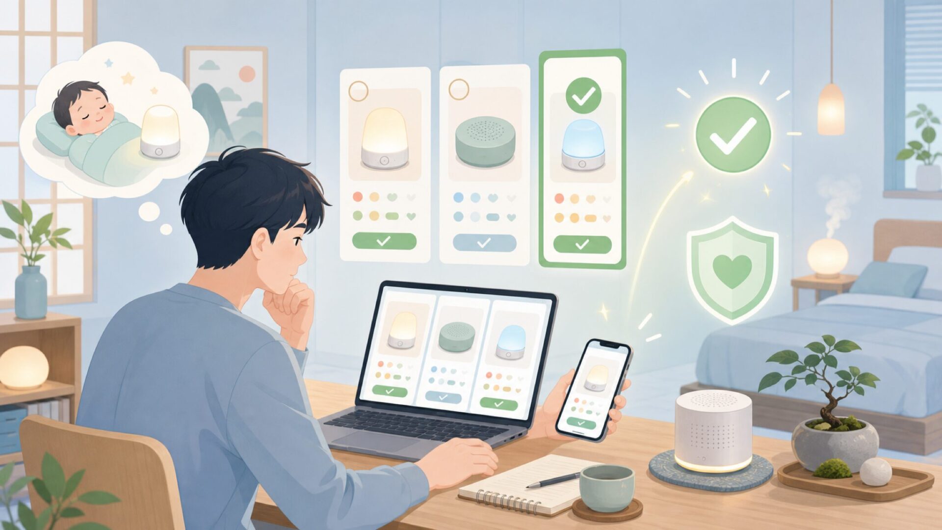 大人の睡眠・集中環境づくりへの活用を表すイラスト