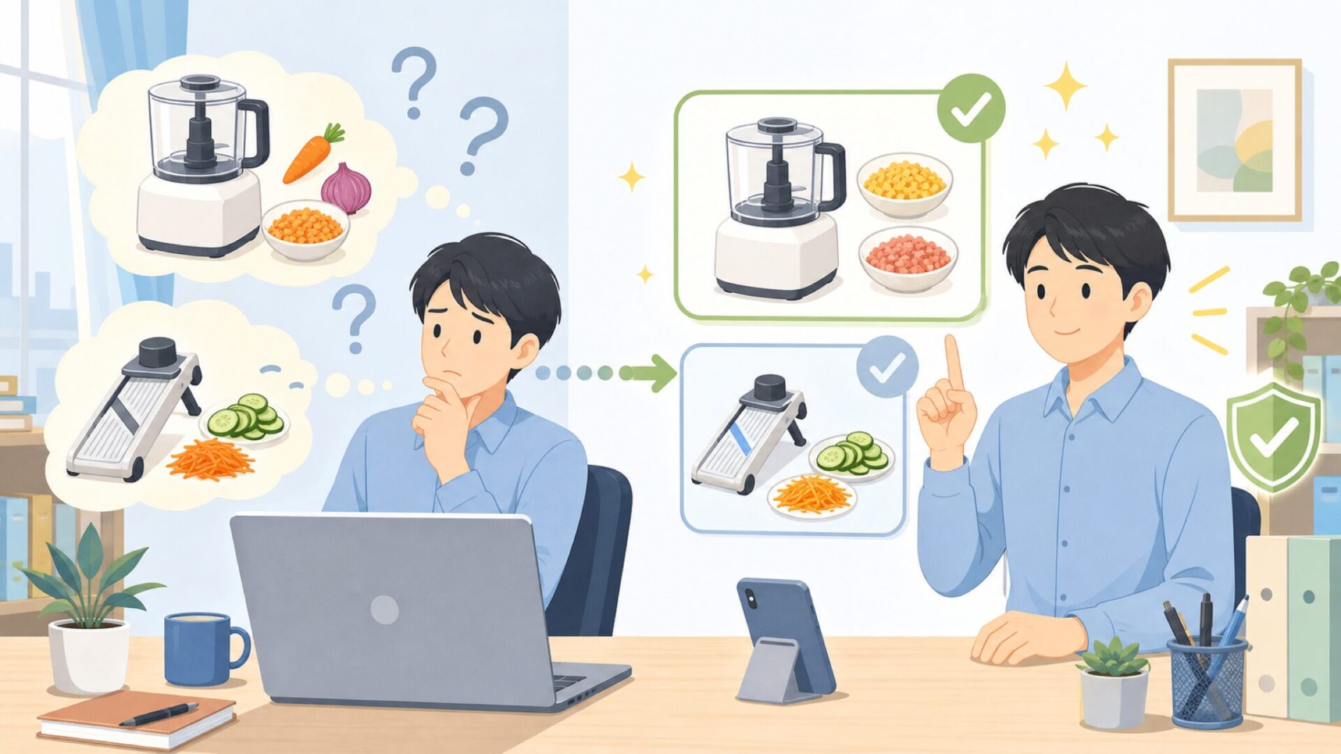 フードプロセッサー・マンドリンスライサーとの使い分けを表すイラスト