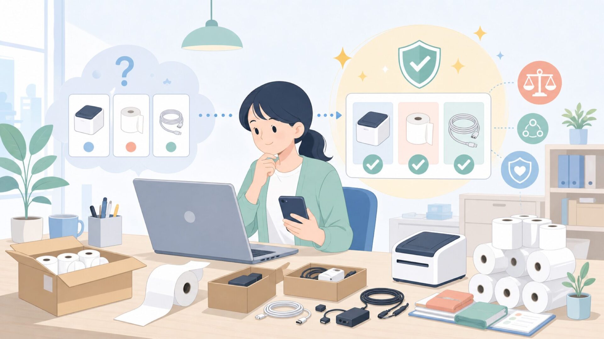 周辺用品と感熱紙まで整えて運用を安定させるを表すイラスト