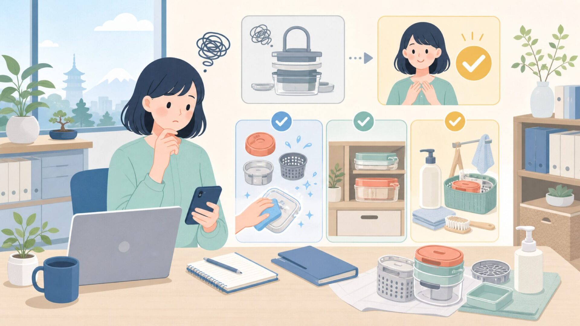 洗いやすさ・収納・お手入れ方法を表すイラスト