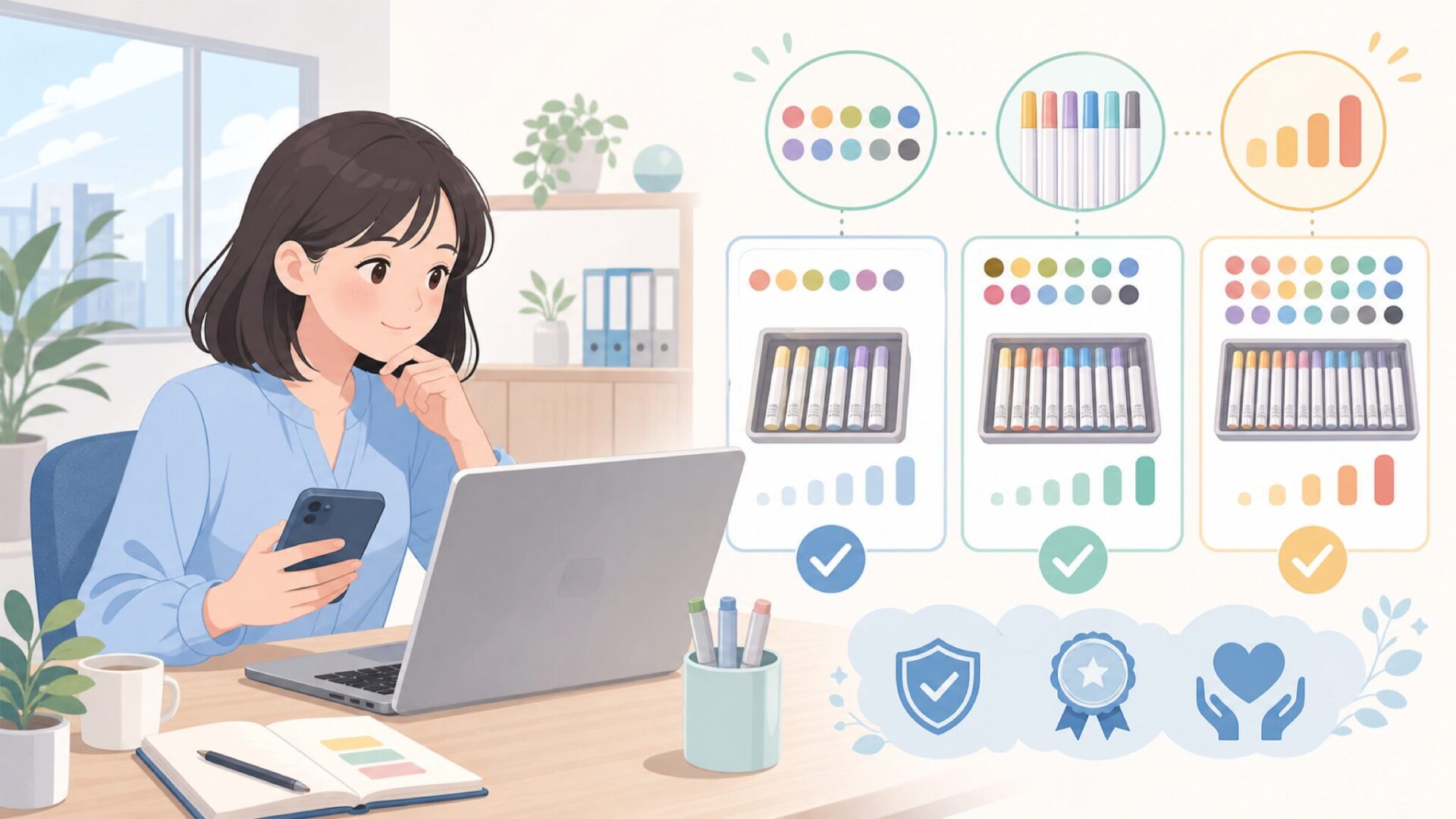 色数・本数・価格帯で選ぶArtechoのラインナップガイドを表すイラスト