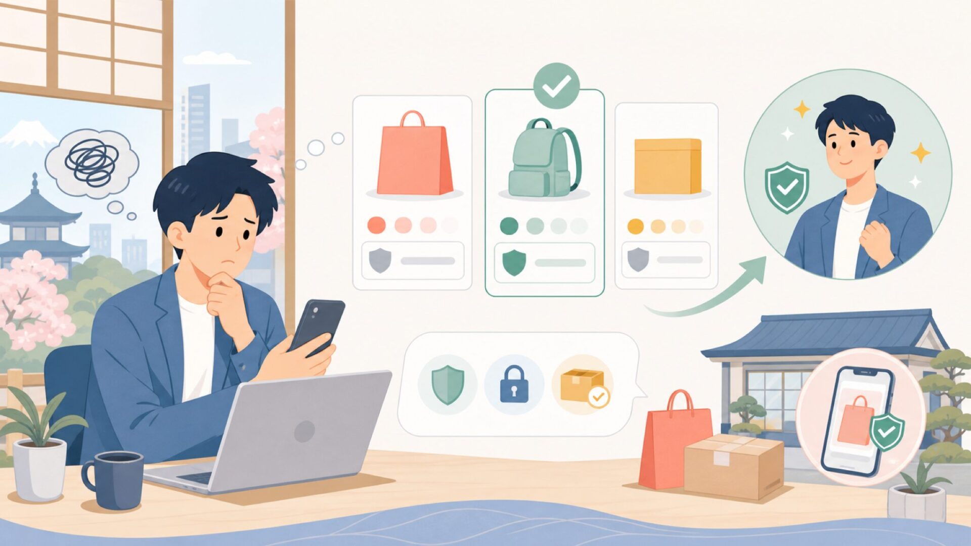 日本で購入する方法と価格感・注意点を表すイラスト