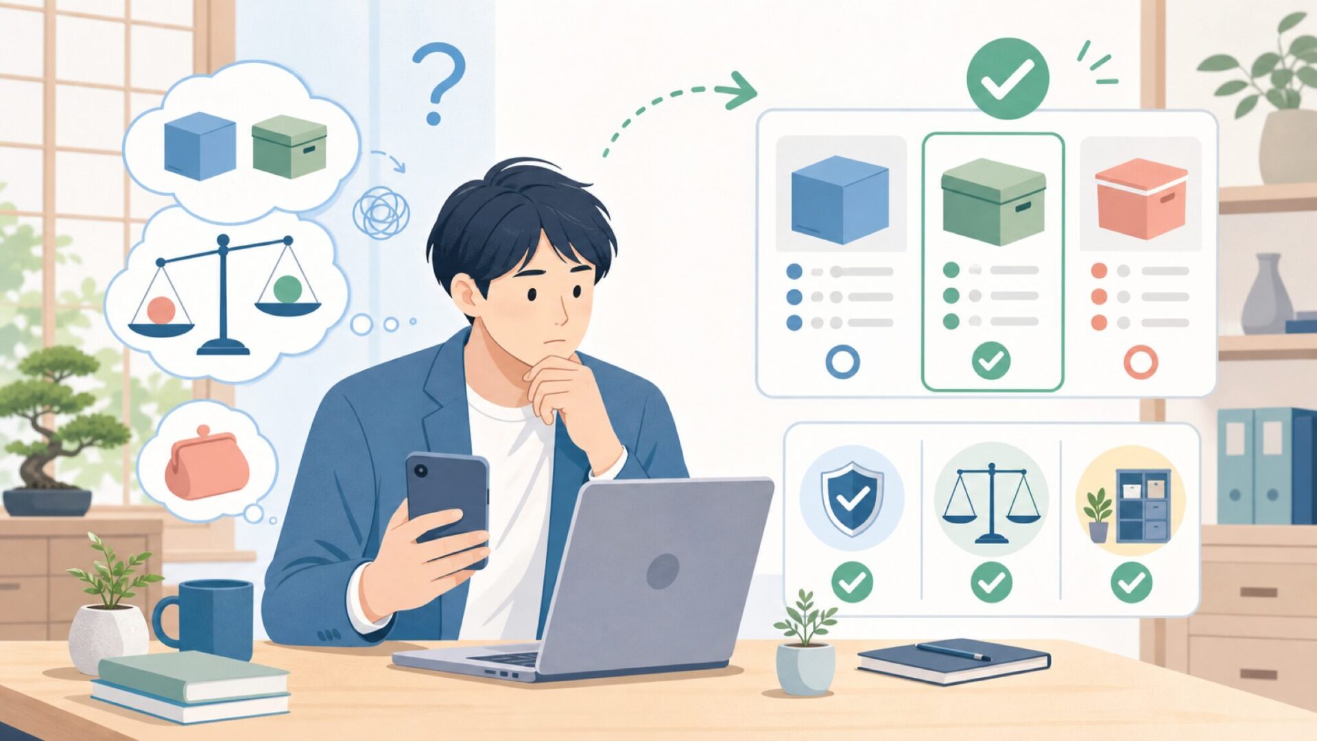 購入前に押さえておきたい価格と保管の注意点を表すイラスト