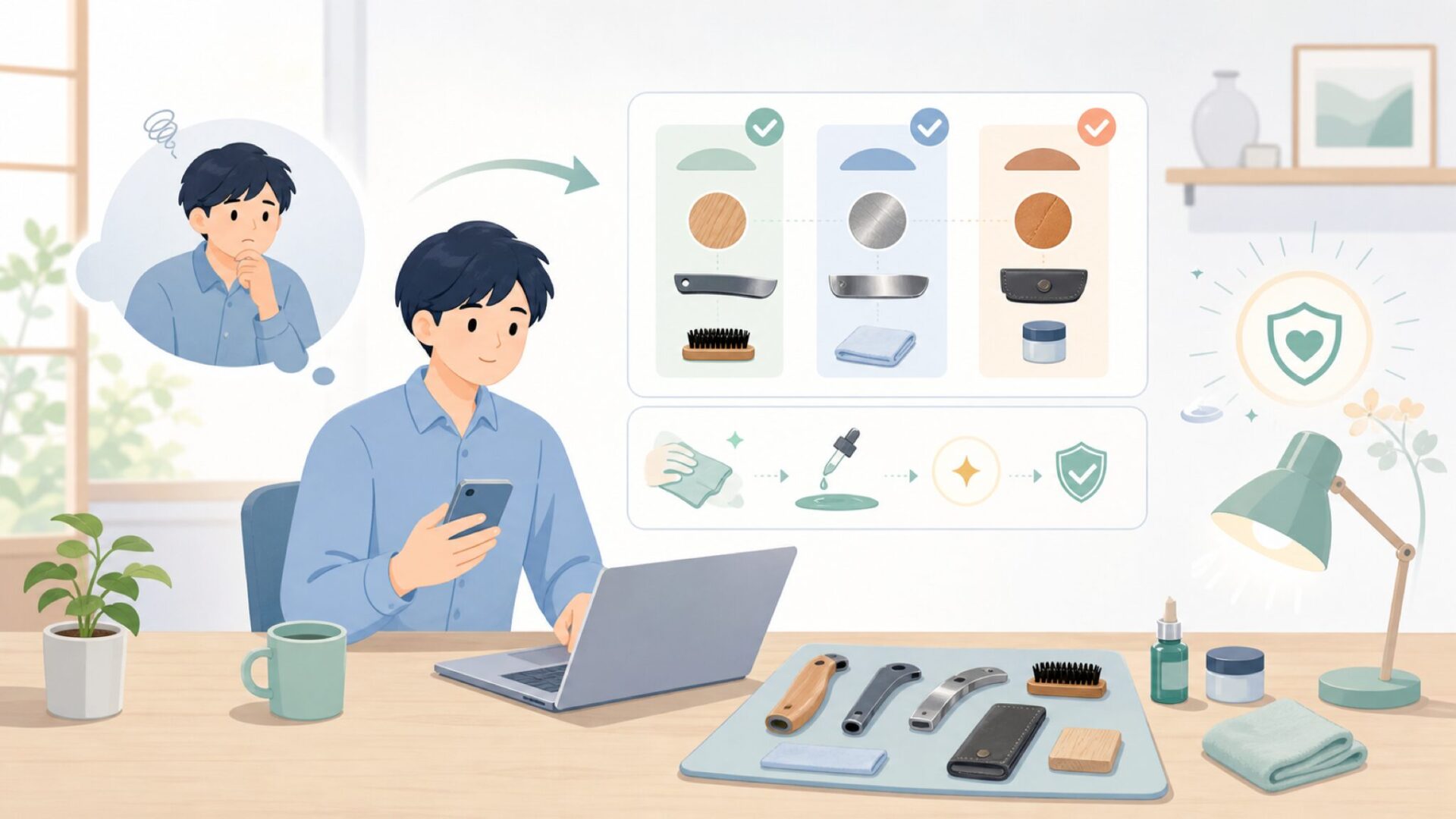 お手入れと長く使うためのポイントを表すイラスト