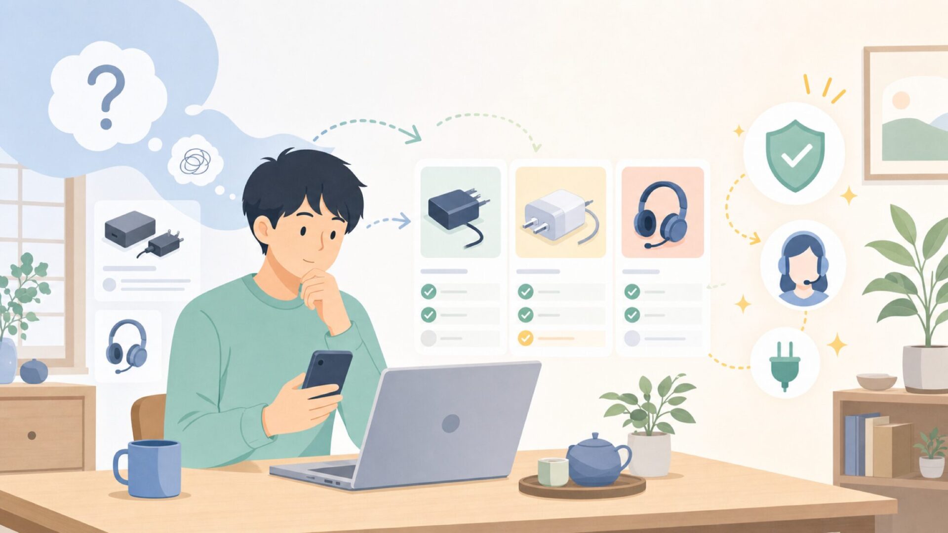 購入前に確認したい注意点を表すイラスト