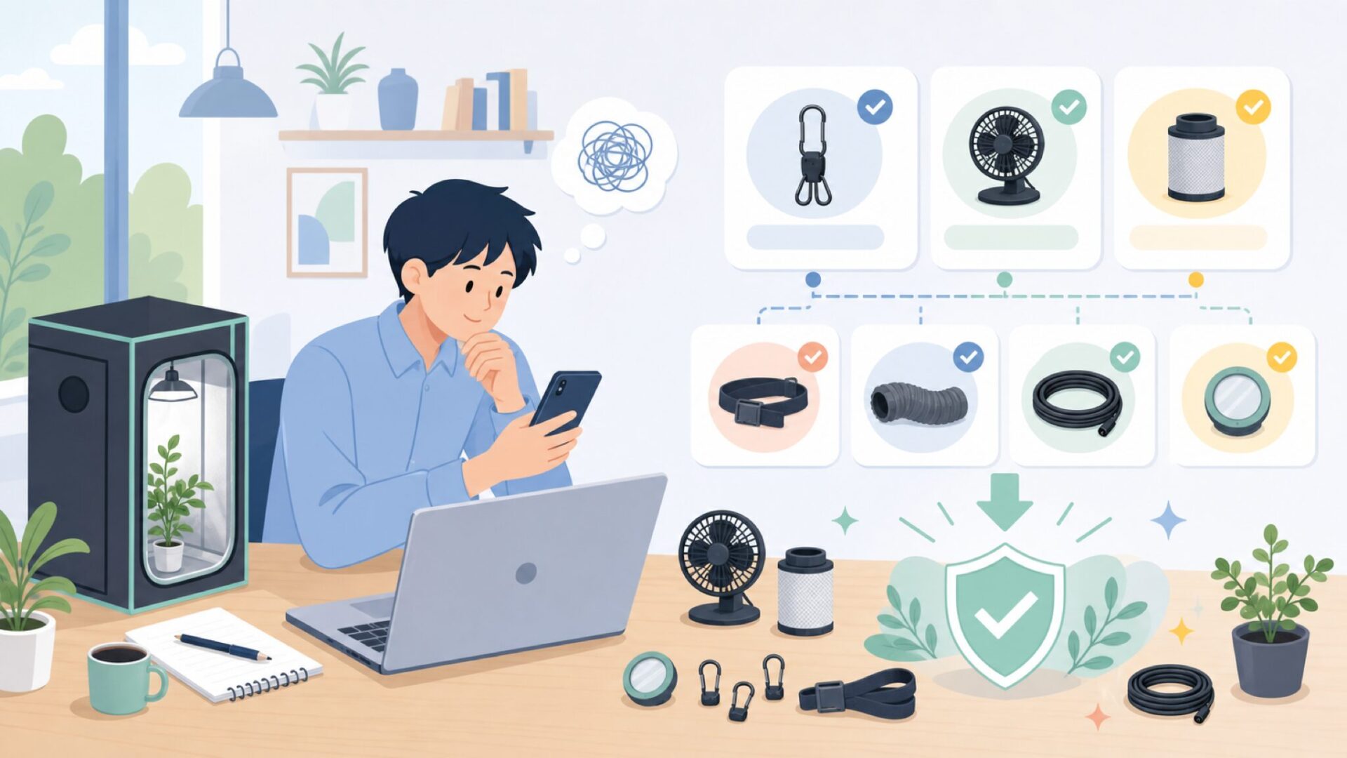 栽培テント用アクセサリーもあわせてチェックを表すイラスト