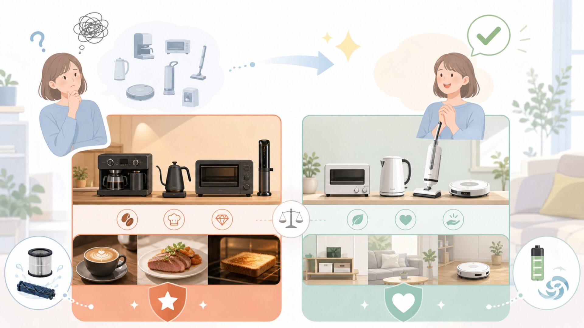 匠プレミアムと感動シンプル：2つのブランドラインの違いを表すイラスト